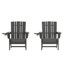 Emma + Oliver - Haley Set of 2 Adirondack Chairs with Cup Holders, Weather Resistant HDPE Adirondack Chairs - Gray