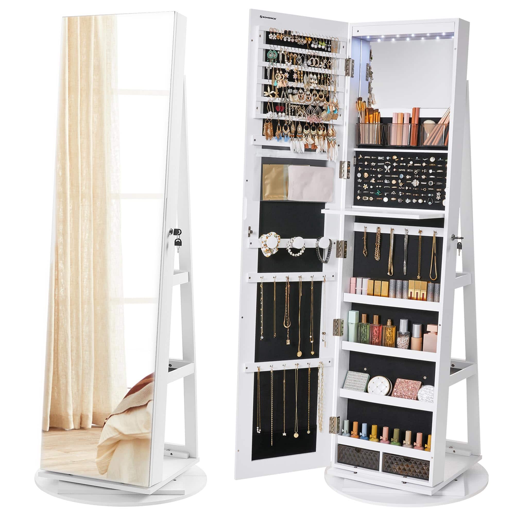 Front. Songmics Home - 6 LEDs Lockable Mirror Jewelry Cabinet with Frameless Full-Length Mirror White Surface and Black Lining - White.