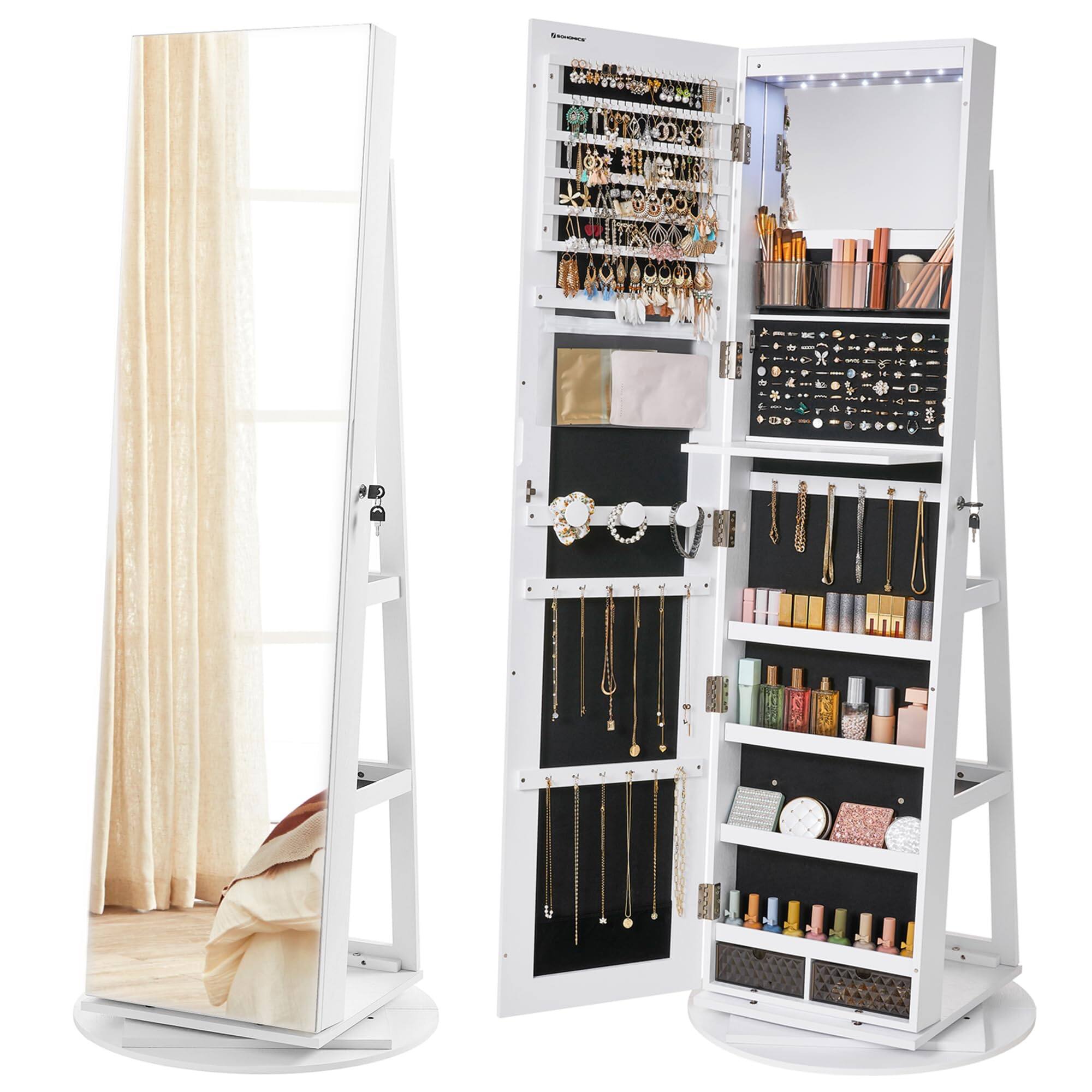 Front. Songmics Home - 6 LEDs Lockable Mirror Jewelry Cabinet with Frameless Full-Length Mirror White Surface and Black Lining - White.