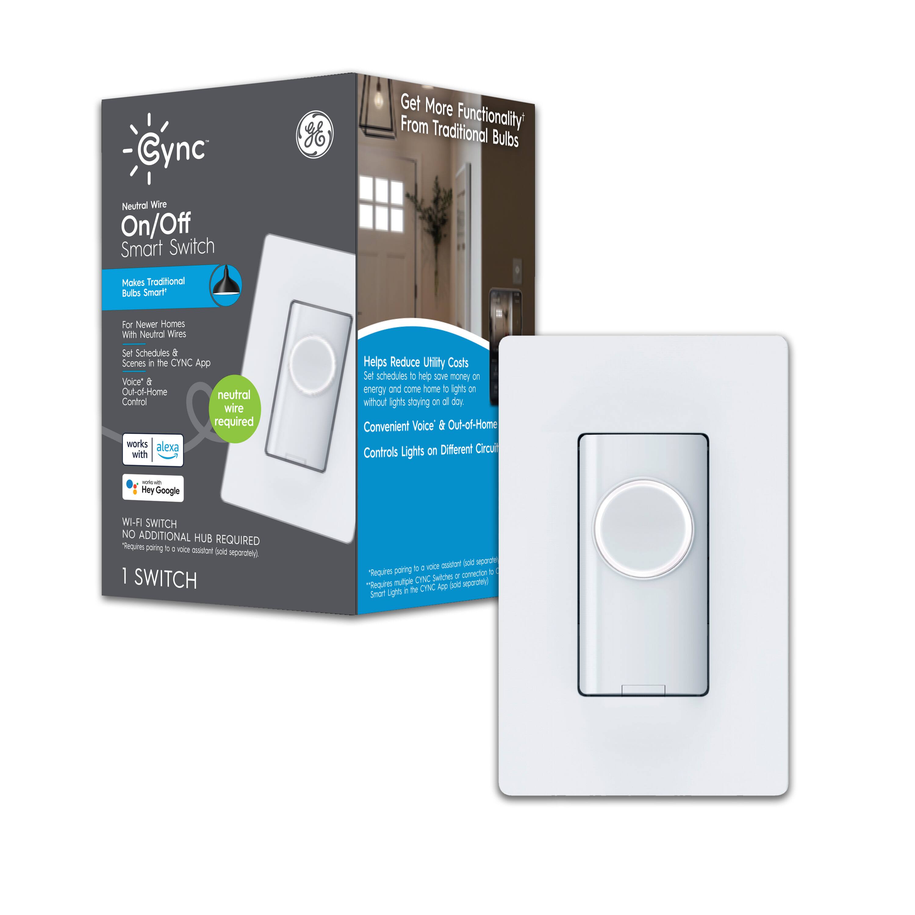 Cync ee JO Get More From Traditional Functionality Bulbs Neutral Wire On/Off Smart Switch Makes Traditional Bulbs Smart For Newer Homes With Neutral Wires Set Schedules & Scenes i the CYNC App Voice Control Out-of-Home neutral Control wire required works with Alexa & Google Assistant Helps Reduce Utility Costs Set schedules & save money on energy and come home with lights off without needing to turn them off manually Convenient Voice & Out-of-Home Controls Lights on Different Circuits May Require Additional Google WI-FI SWITCH NO ADDITIONAL HUB REQUIRED Simple setup process, no separate hub required. CNC Switches.