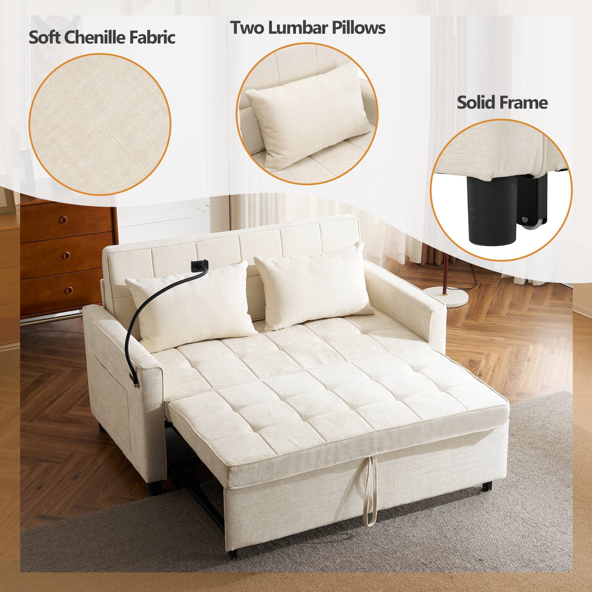 Soft Chenille Fabric  
Two Lumbar Pillows  
Solid Frame