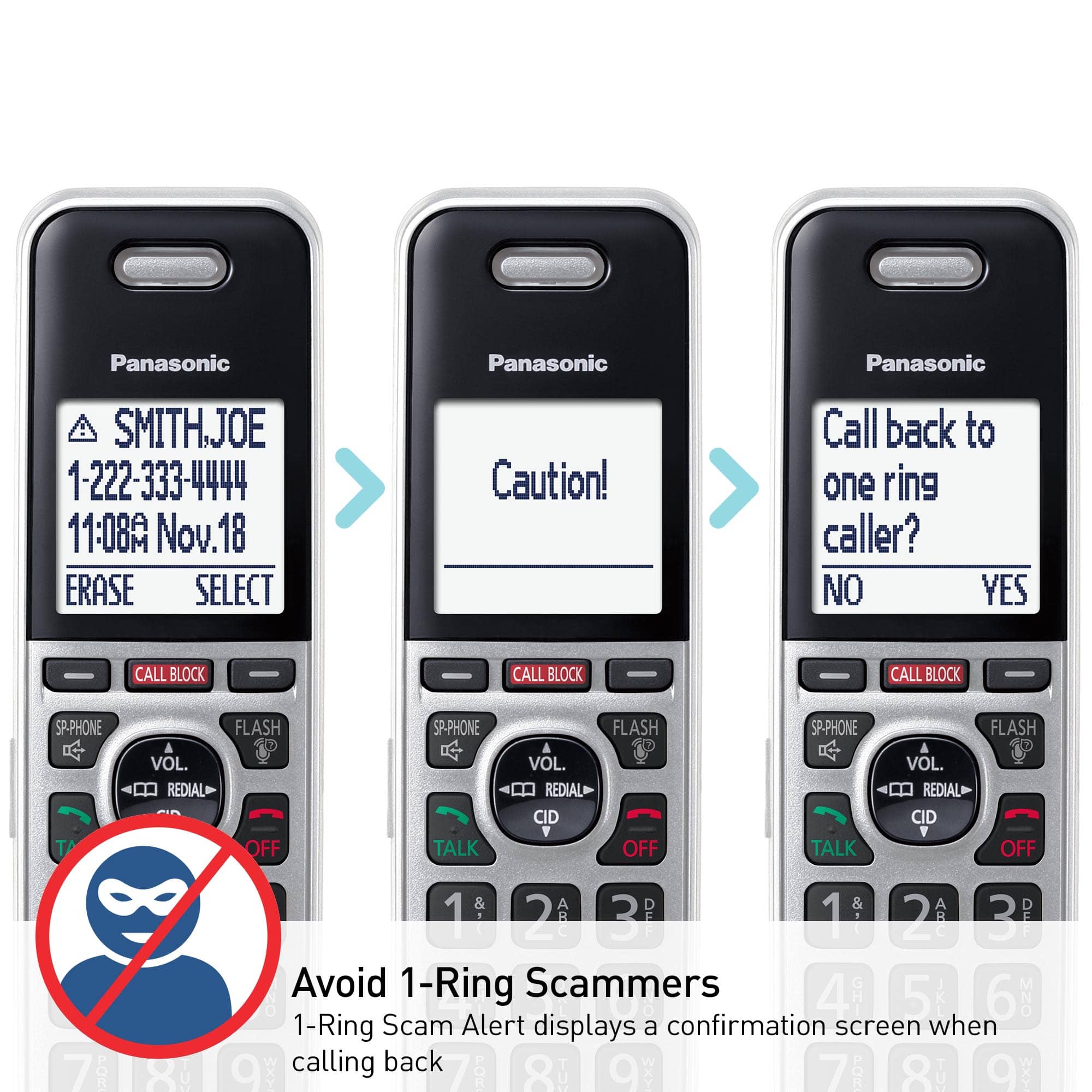 Panasonic Panasonic Panasonic SMITHJOE 1-222-333-4444 11:08A Nov. 18 ERASE SELECT Caution! Call back to one ring caller? NO YES CALL BLOCK CALL BLOCK CALL BLOCK SP-PHONE VOL. REDIAL FLASH OFF SP-PHONE TALK VOL. REDIAL CID FLASH OFF SP-PHONE TALK VOL. REDIAL CID FLASH OFF 7 POR 8 TU 1 2 ARC 3 P 1 & 2 ABC 3 DFF Avoid 1-Ring Scammers 4 | 6 MNO 1-Ring Scam Alert displays a confirmation screen 5 when calling back 7 9 I POR 8 I 9 I : 8 1 9 I