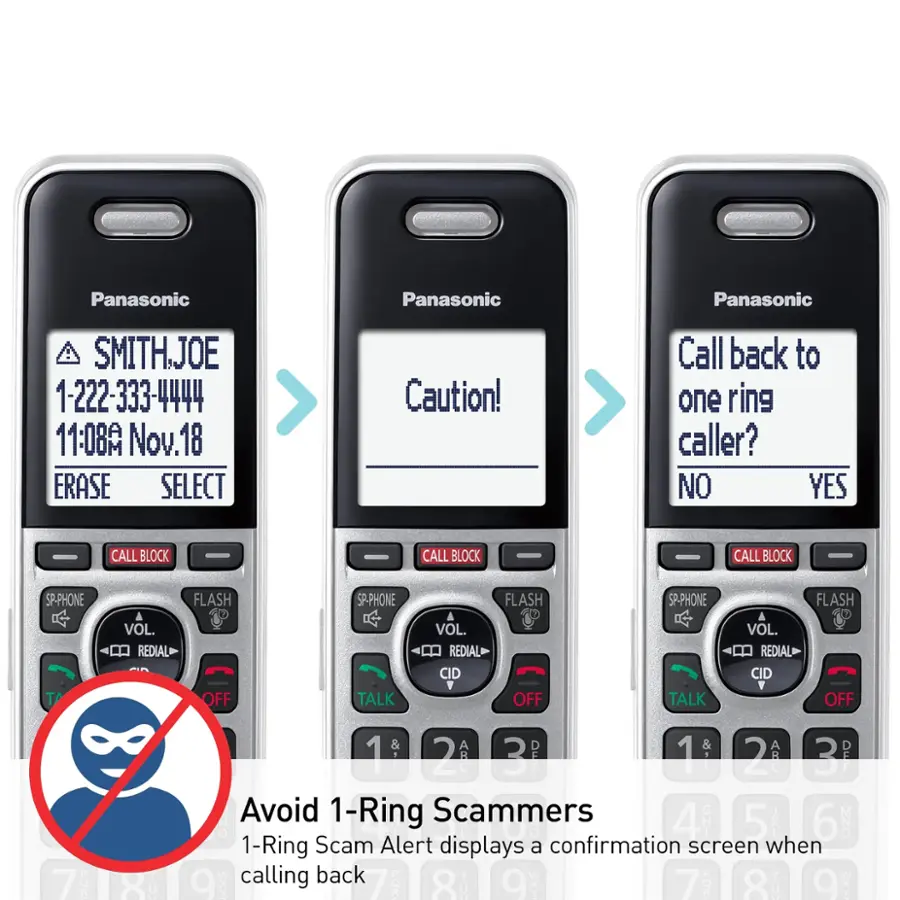 Panasonic Panasonic Panasonic SMITHJOE 1-222-333-4444 11:08A Nov. 18 ERASE SELECT Caution! Call back to one ring caller? NO YES CALL BLOCK CALL BLOCK CALL BLOCK SP-PHONE VOL. REDIAL FLASH OFF SP-PHONE TALK VOL. REDIAL CID FLASH OFF SP-PHONE TALK VOL. REDIAL CID FLASH OFF 7 POR 8 TU 1  2 ARC 3 P 1 & 2 ABC 3 DFF Avoid 1-Ring Scammers 4 | 6 MNO 1-Ring Scam Alert displays a confirmation screen 5 when calling back 7 9 I POR 8 I 9 I : 8 1 9 I