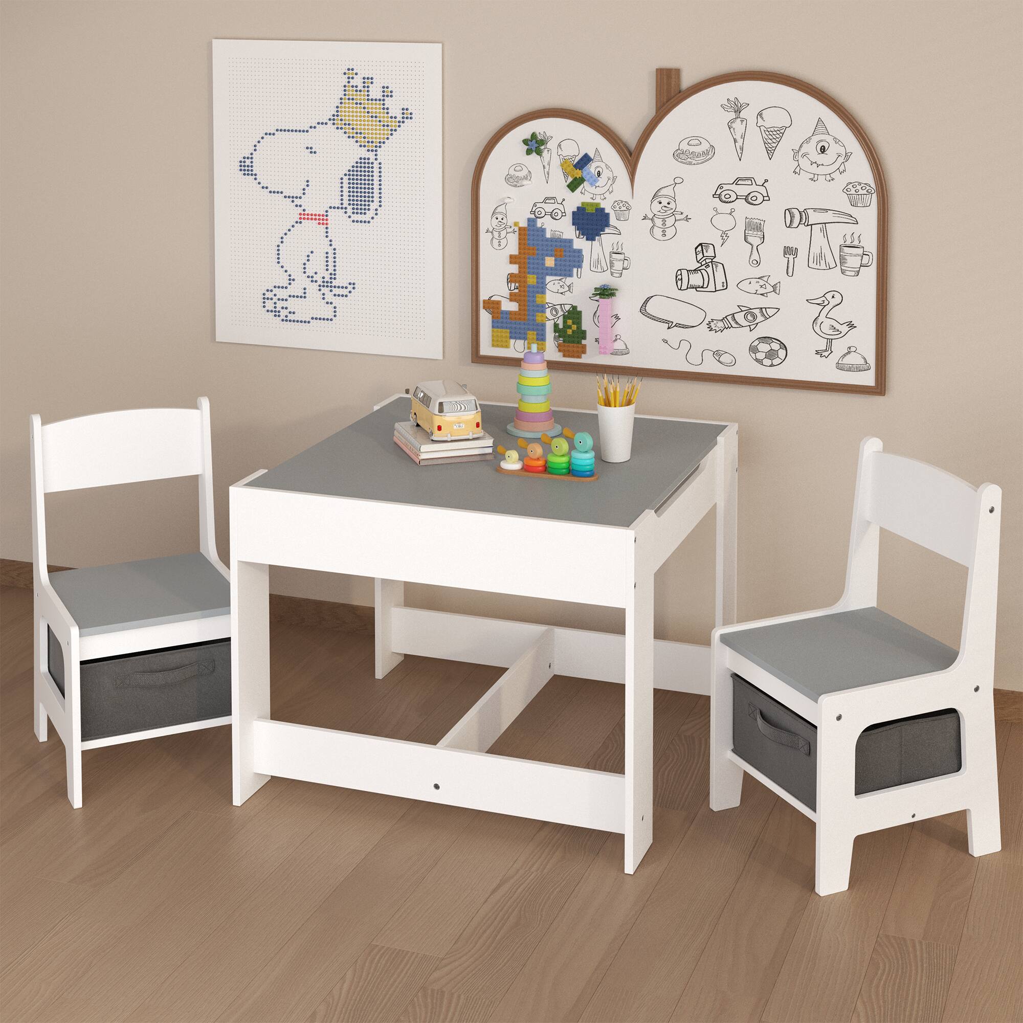 Angle. Tiramisubest - Kids Table and Chair Set,3 in 1 Toddlers Wooden Activity Table with Storage Drawer,2 in 1 Detachable Tabletop Table Set - White.