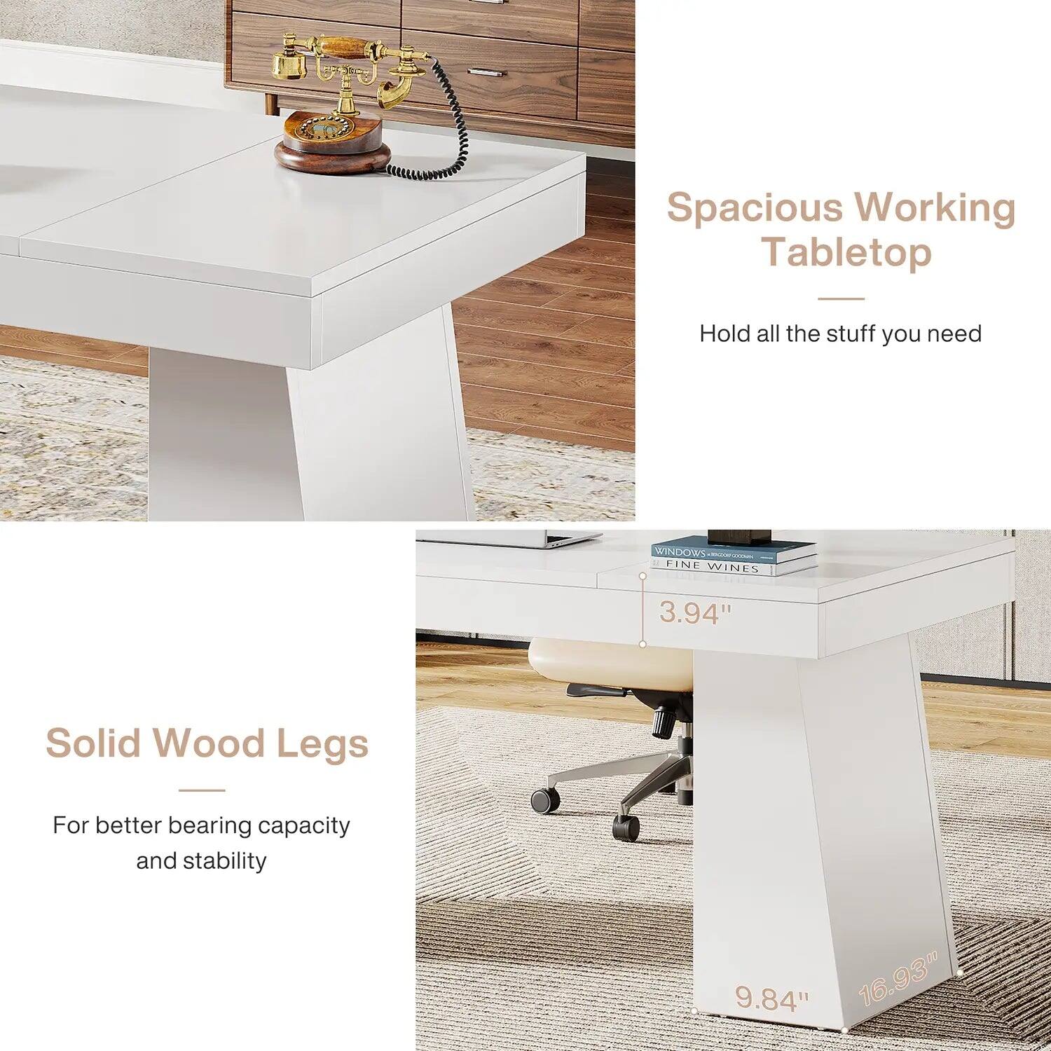 Spacious Working Tabletop  
Hold all the stuff you need  

Solid Wood Legs  
For better bearing capacity and stability  

3.94"  
9.84" 16.93"