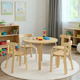 Kadyn - 5-Piece Kids Wooden Curved Back Activity Table and Chair Set with Toy Bricks- Small Folding Table for Arts - Natural