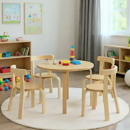 Front. Kadyn - 5-Piece Kids Wooden Curved Back Activity Table and Chair Set with Toy Bricks-Natural, Small Folding Table for Arts - Natural.