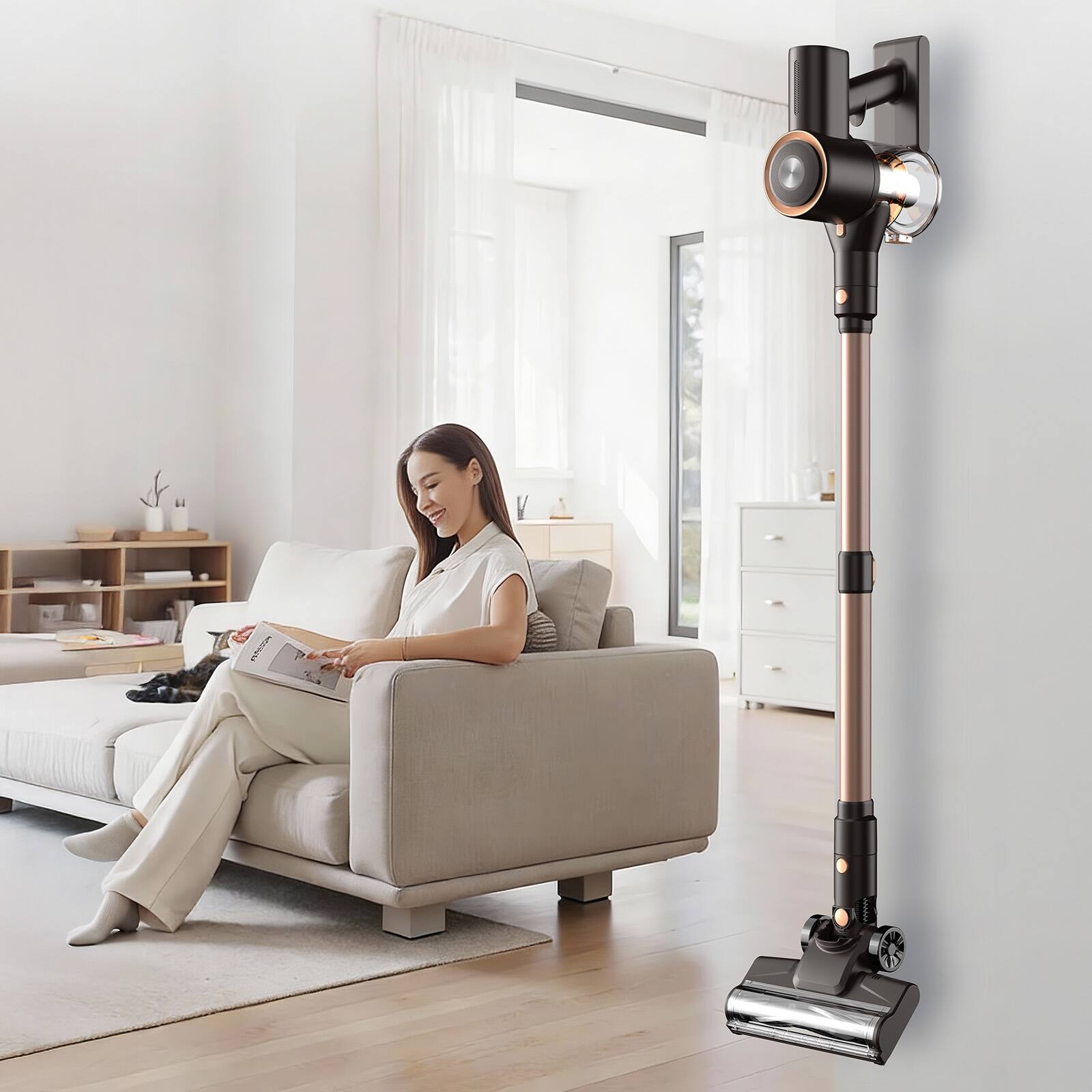 Left. Teendow - Cordless Stick Vacuum Cleaner, 250W Suction,35 Mins Runtime, Lightweight, 2 Power Modes, HEPA for Pet hair - Gold.