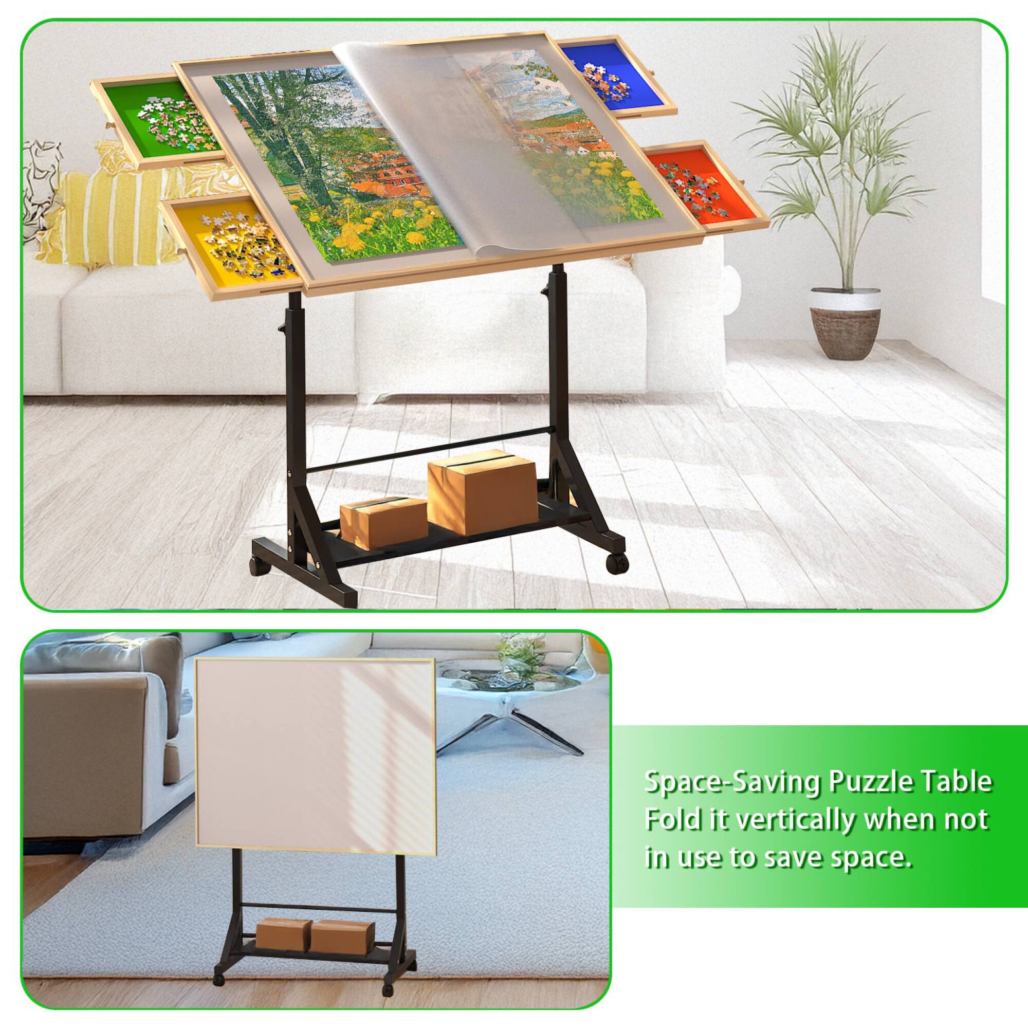 Space-Saving Puzzle Table  
Fold it vertically when not in use to save space.