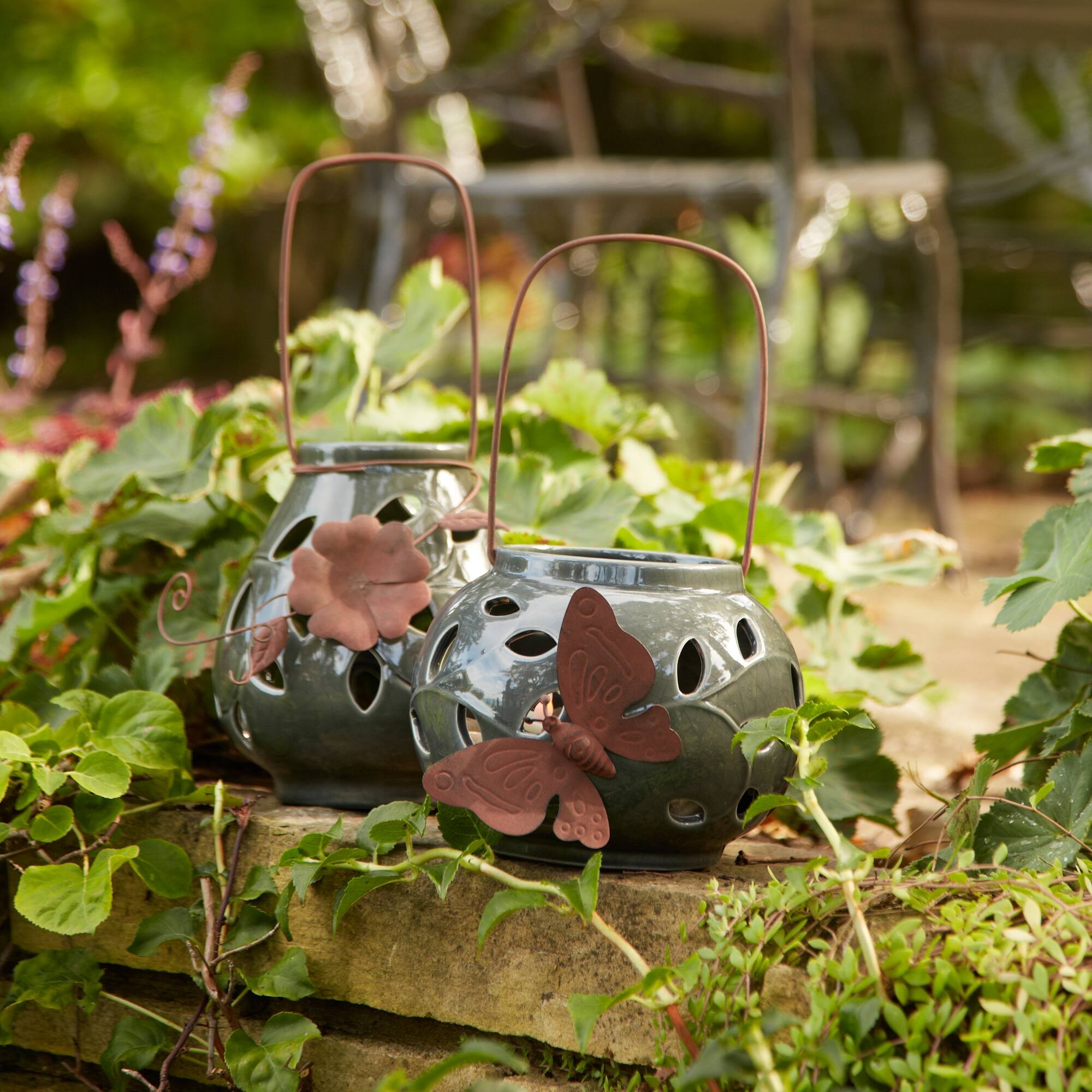 Back. BreeBe - Ceramic Lantern Candle Holder with Metal Leaf Accent (Set of 2) - Grey.