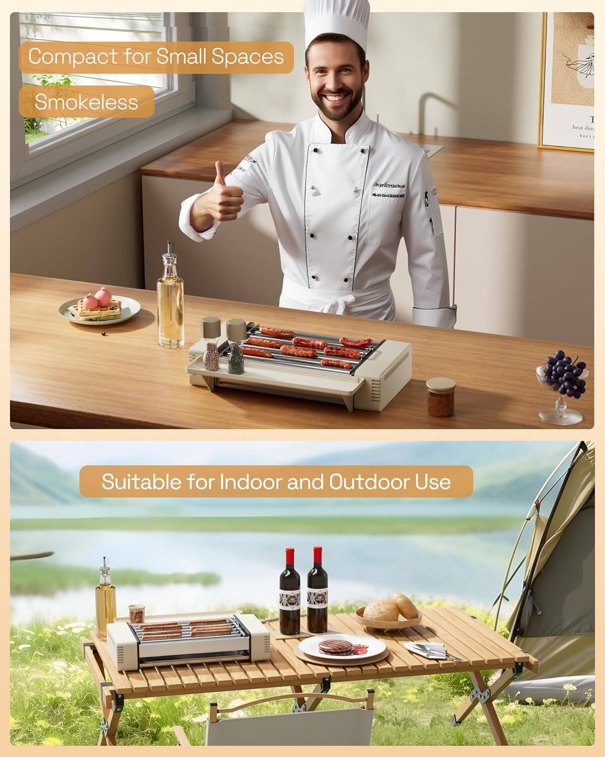 Compact for Small Spaces  
Smokeless  

Suitable for Indoor and Outdoor Use