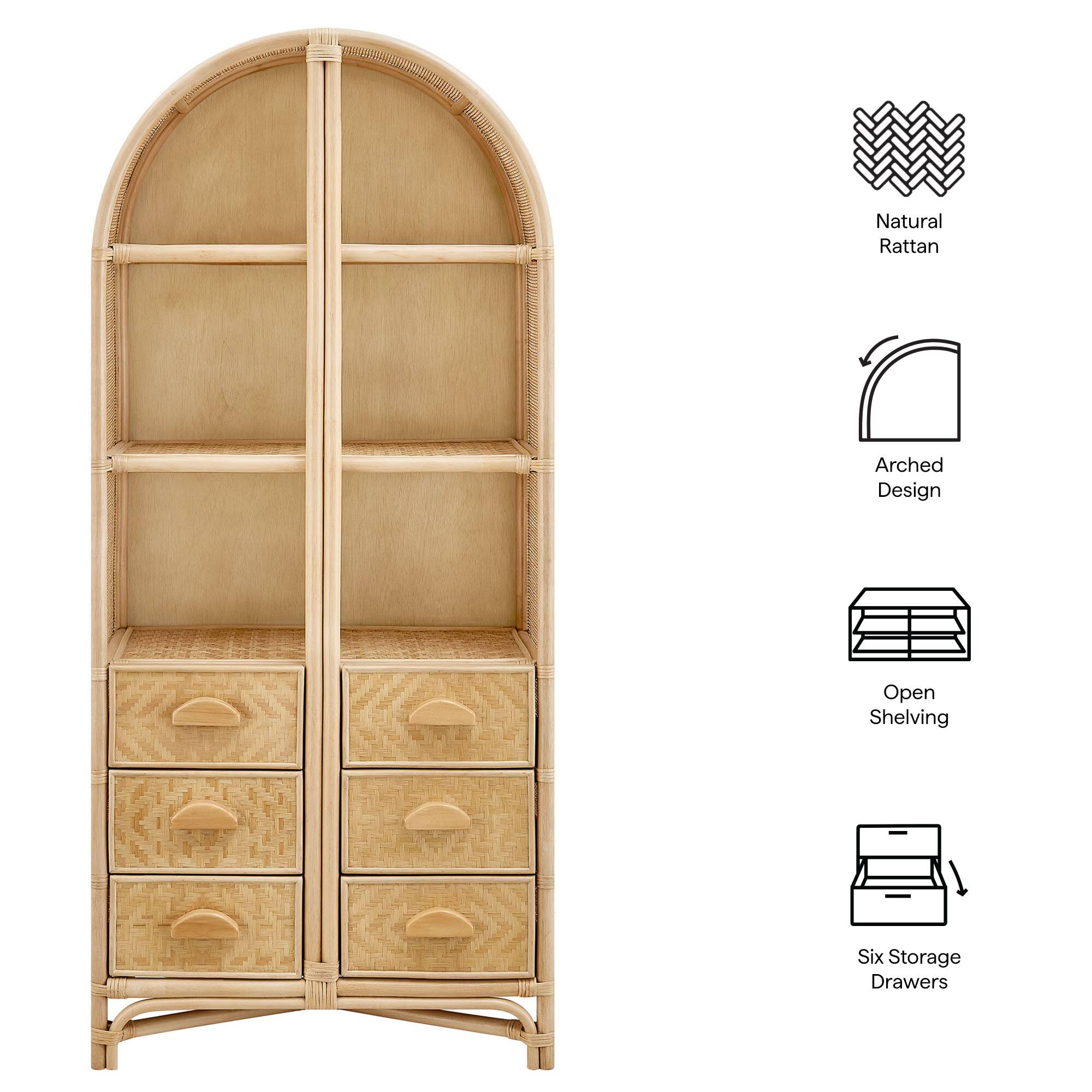 Natural Rattan Arched Design Open Shelving Six Storage Drawers