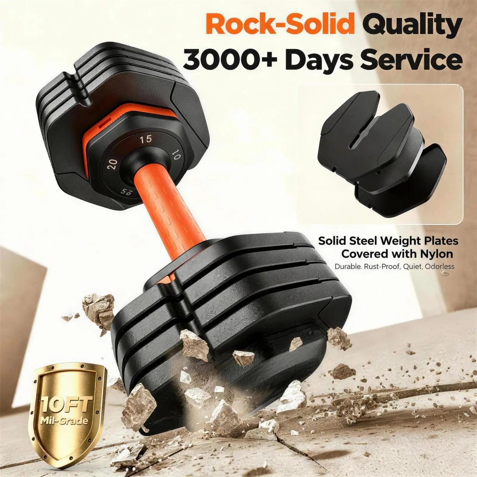 Rock-Solid Quality  
3000+ Days Service  

Solid Steel Weight Plates Covered with Nylon  
Durable, Rust-Proof, Quiet, Odorless  

10FT Mil-Grade