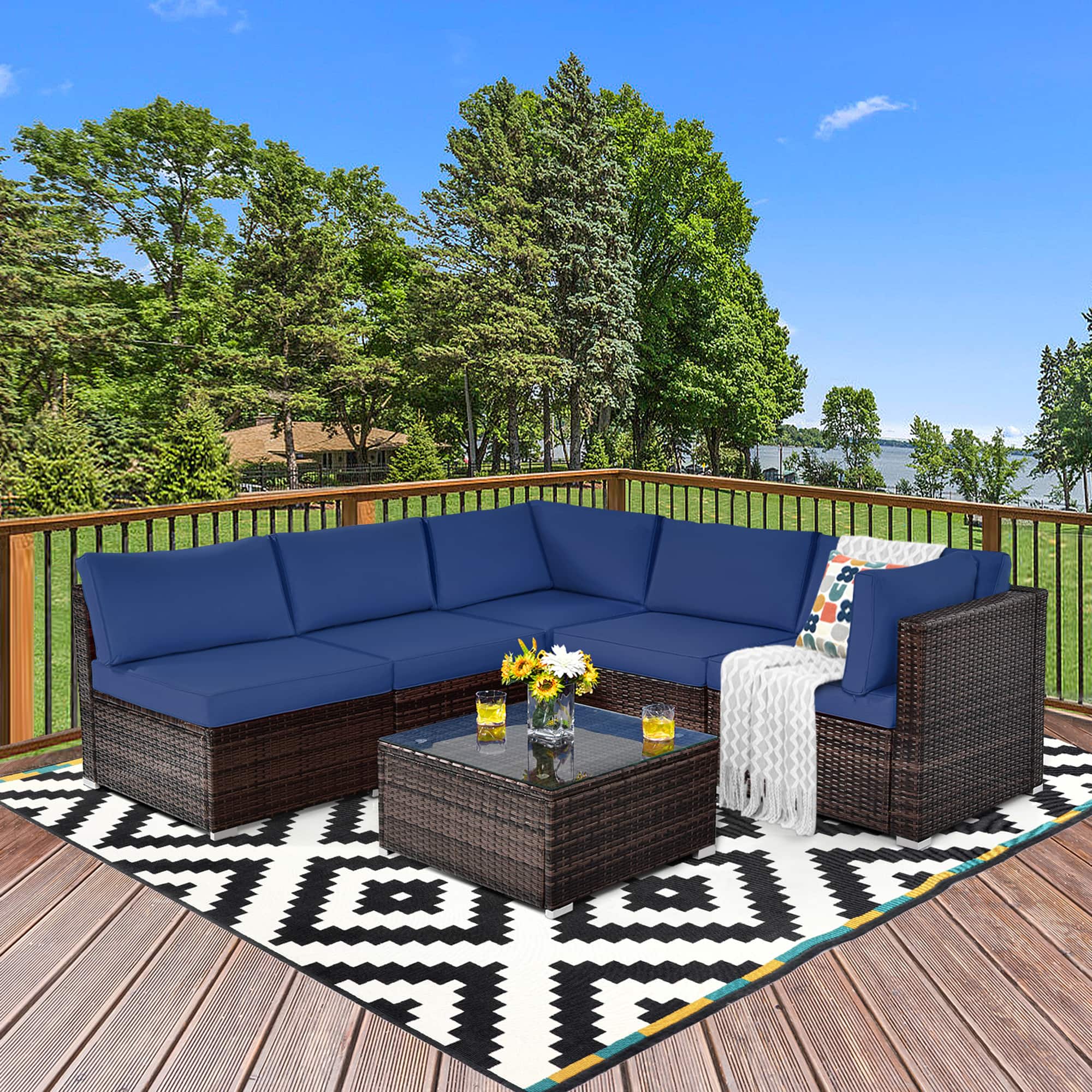 Gymax - 6PCS Rattan Outdoor Sectional Sofa Set Patio Furniture Set w/ Cushions - Navy price history on PriceWatchPro