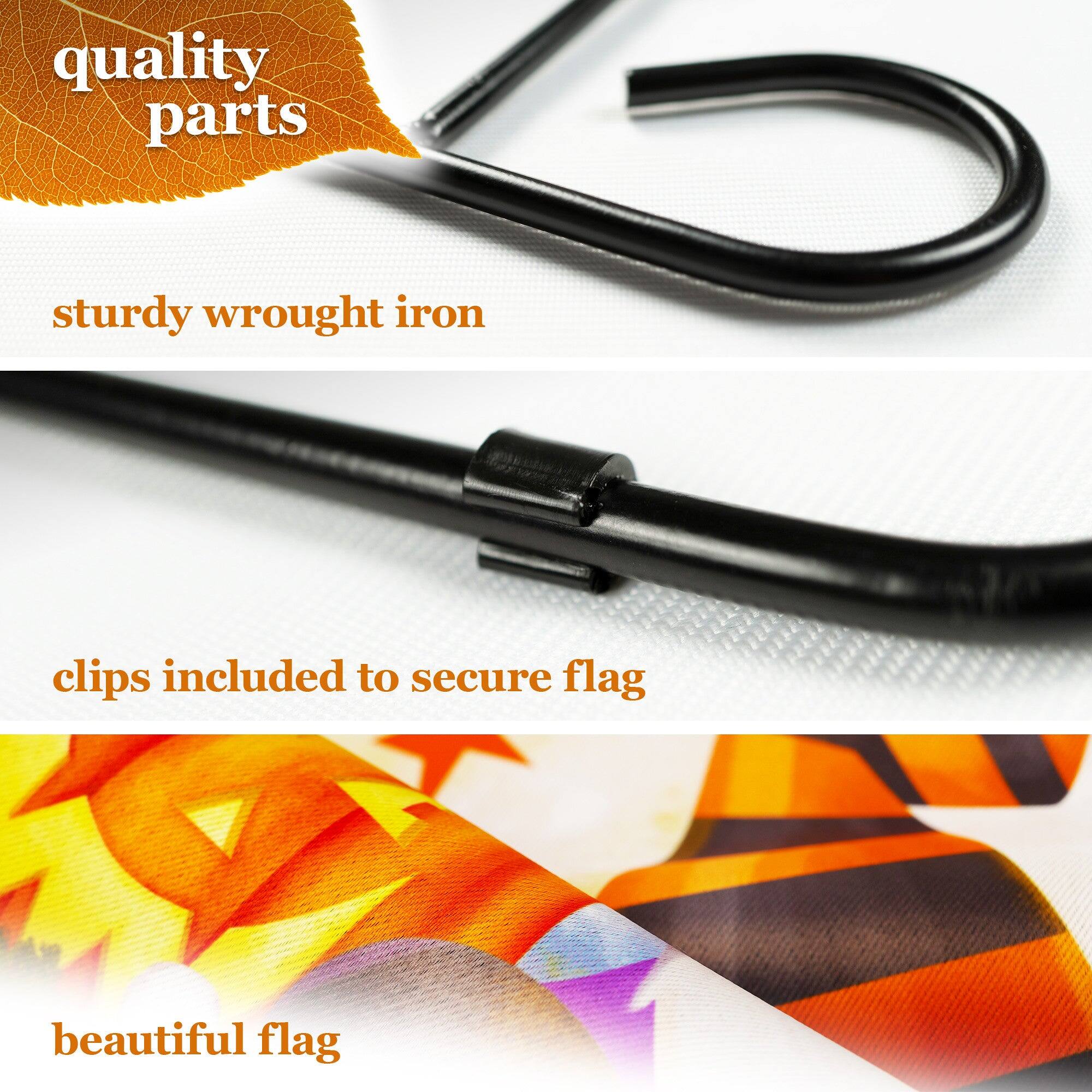 quality parts  
sturdy wrought iron  
clips included to secure flag  
beautiful flag
