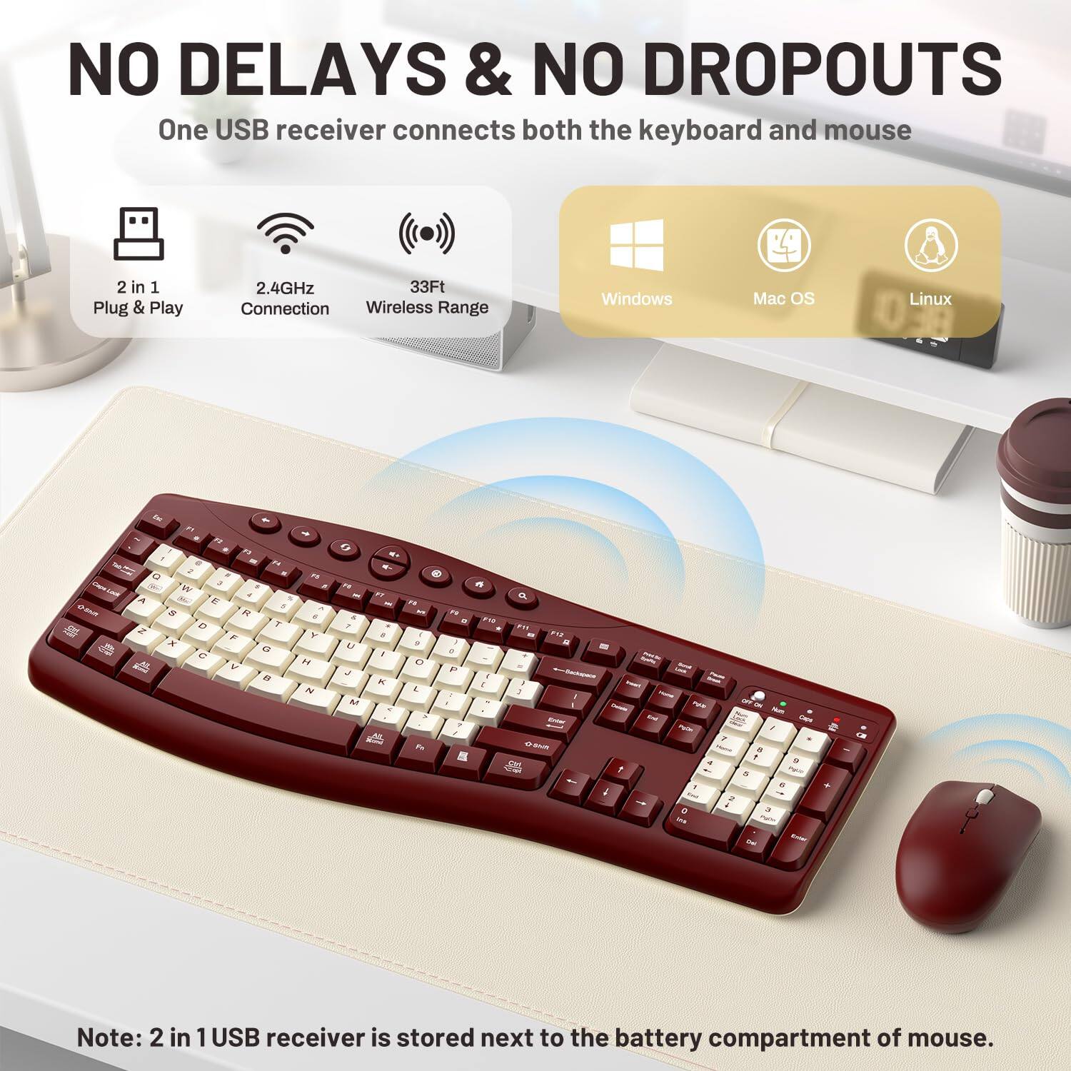 NO DELAYS & NO DROPOUTS  
One USB receiver connects both the keyboard and mouse

2 in 1 Plug & Play  
2.4GHz 33Ft Connection Wireless Range  
Windows  
Mac OS  
Linux  

Note: 2 in 1 USB receiver is stored next to the battery compartment of mouse.