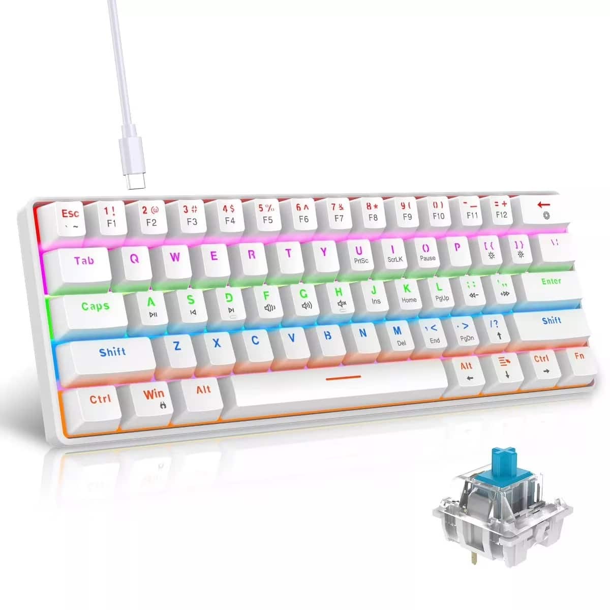 YOKEYS - 60% Wired Mechanical Gaming Keyboard with Blue Switches, Colorful Backlit & Pudding Keycaps -for Gamers Daily Typing - White