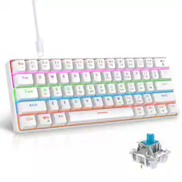 RISOKEYS - 60% Wired Mechanical Gaming Keyboard with Blue Switches, Colorful Backlit & Pudding Keycaps -for Gamers Daily Typing - White