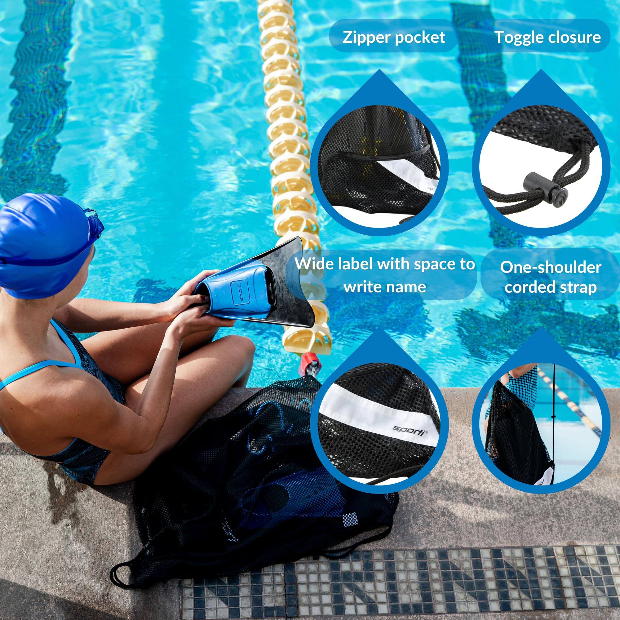 - Zipper pocket
- Toggle closure
- Wide label with space to write name
- One-shoulder corded strap