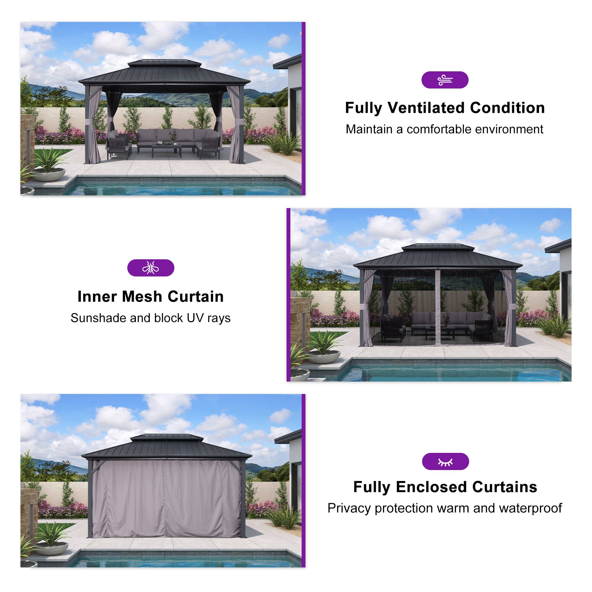 - Fully Ventilated Condition  
  Maintain a comfortable environment

- Inner Mesh Curtain  
  Sunshade and block UV rays

- Fully Enclosed Curtains  
  Privacy protection warm and waterproof
