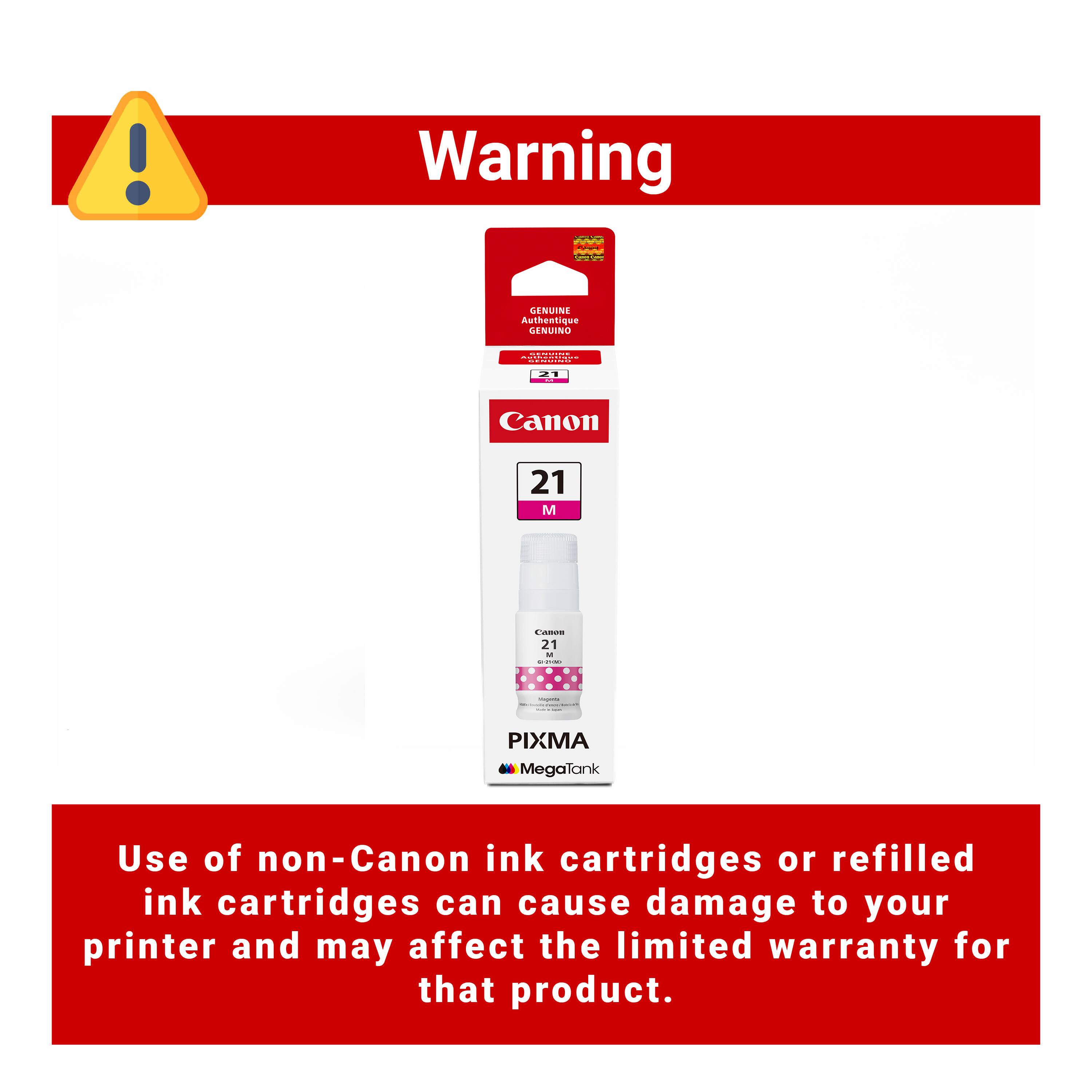 Warning

Use of non-Canon ink cartridges or refilled ink cartridges can cause damage to your printer and may affect the limited warranty for that product.