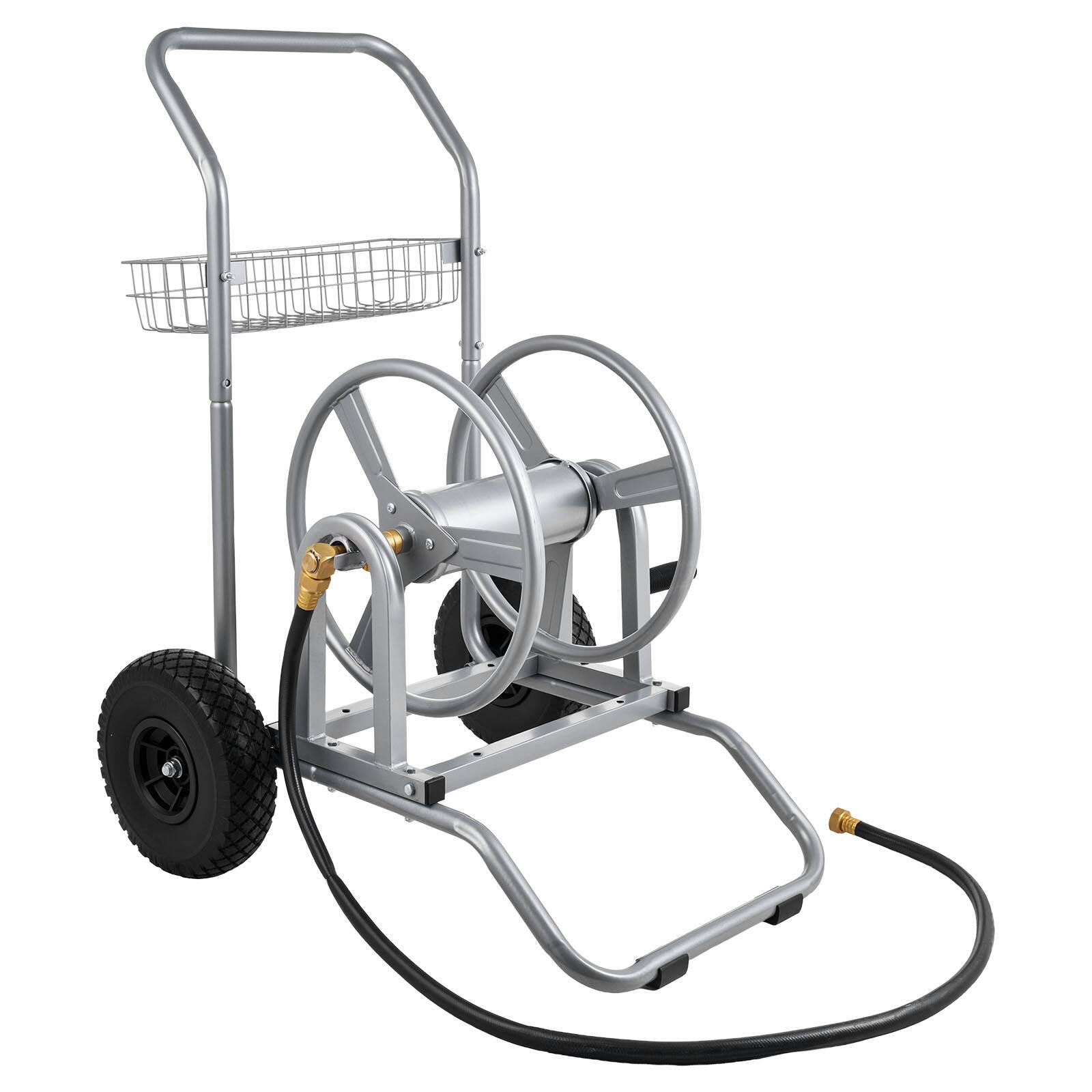 Alt View 5. VEVOR - Water Hose Reel Cart, 200/300ft High-Pressure Garden Hose Cart, with Two Wheels, Handle & Heavy-Duty Mesh Storage Basket - Silver.