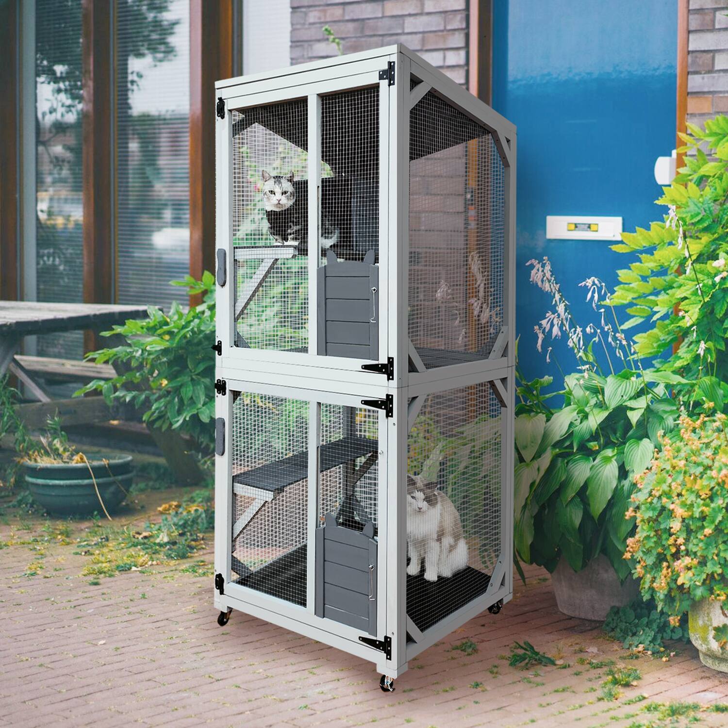 Angle. Siljoy - 30.7" Catio on Wheels, Outdoor Cat House with Napping Box, 4 Platforms & Asphalt Roof, Sliding Doors.