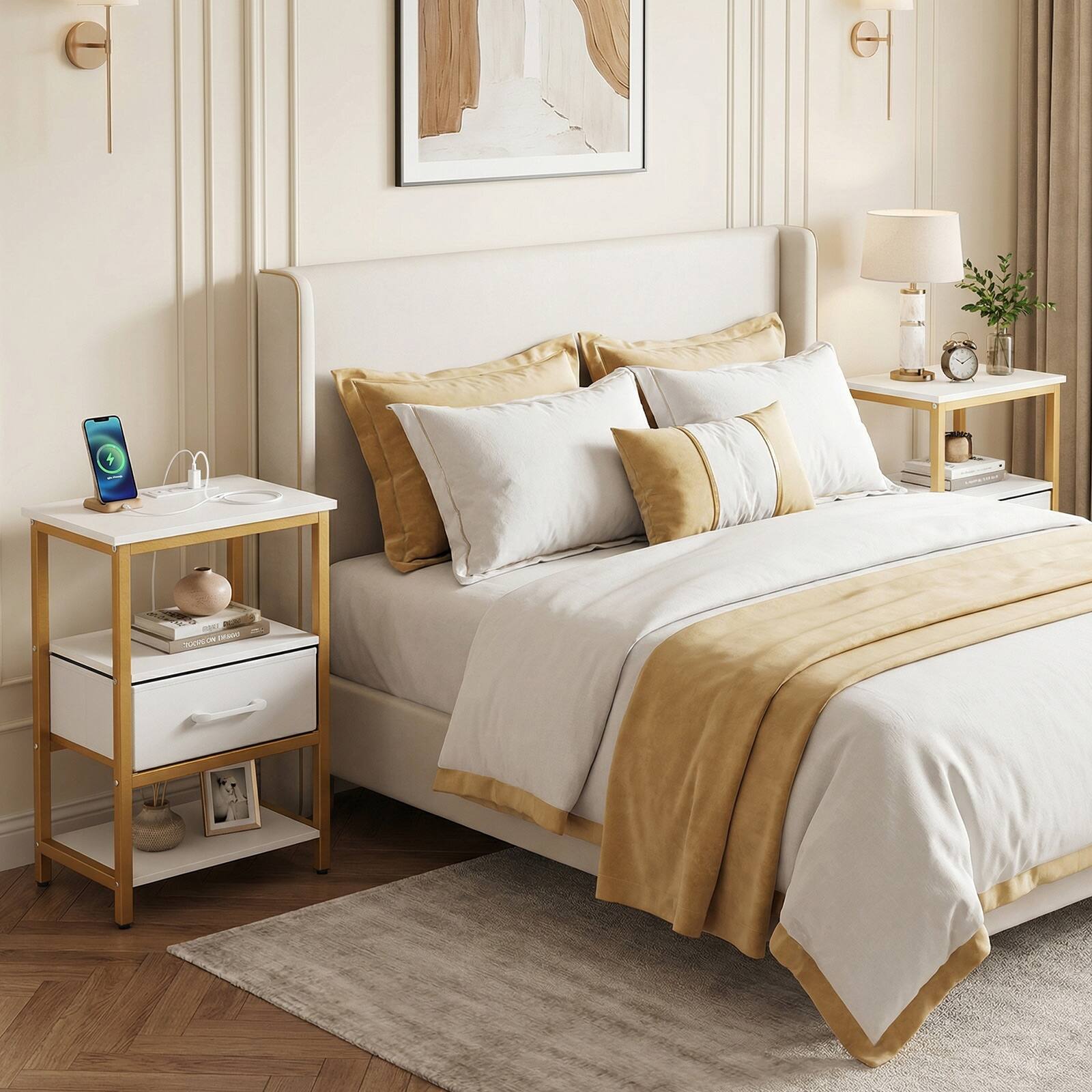 Alt View 7. Gymax - Gymax Nightstand w/Charging Station Set of 2 w/Fabric Drawer & Open Storage Shelves - White.