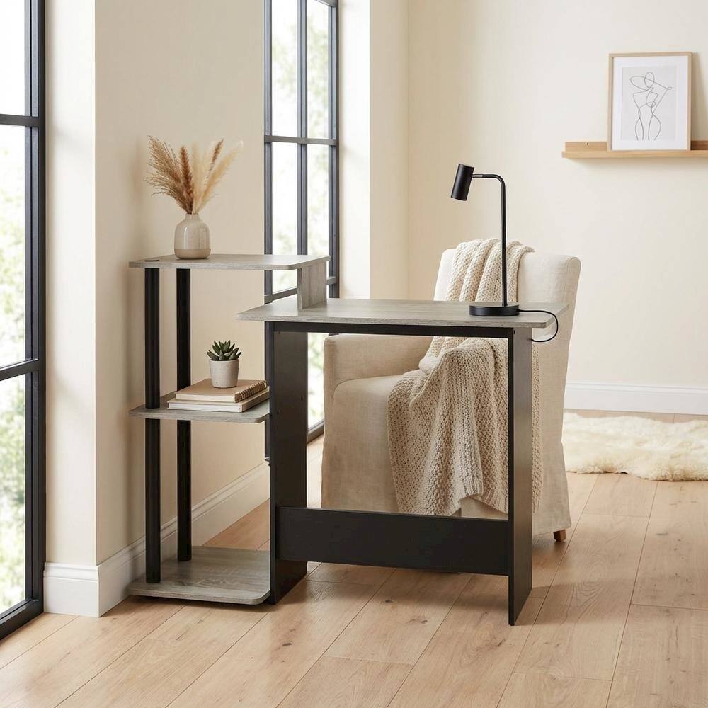 Left. BisonOffice - Oak Grey, Black Laptop Desk with Spacious Work Surface, Sturdy Construction - French Oak Grey/Black.