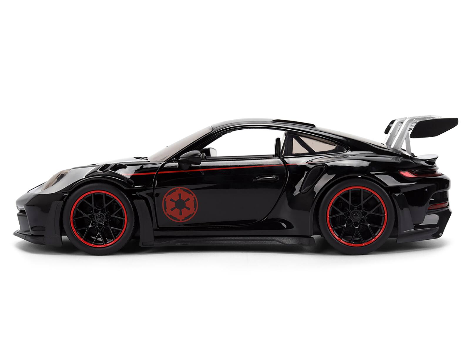 Alt View 2. Jada - Porsche 911 GT3 RS (992) Black with Silver Hood and Graphics and Darth Vader Figure "Star Wars" 1/24 Model Car by Jada.