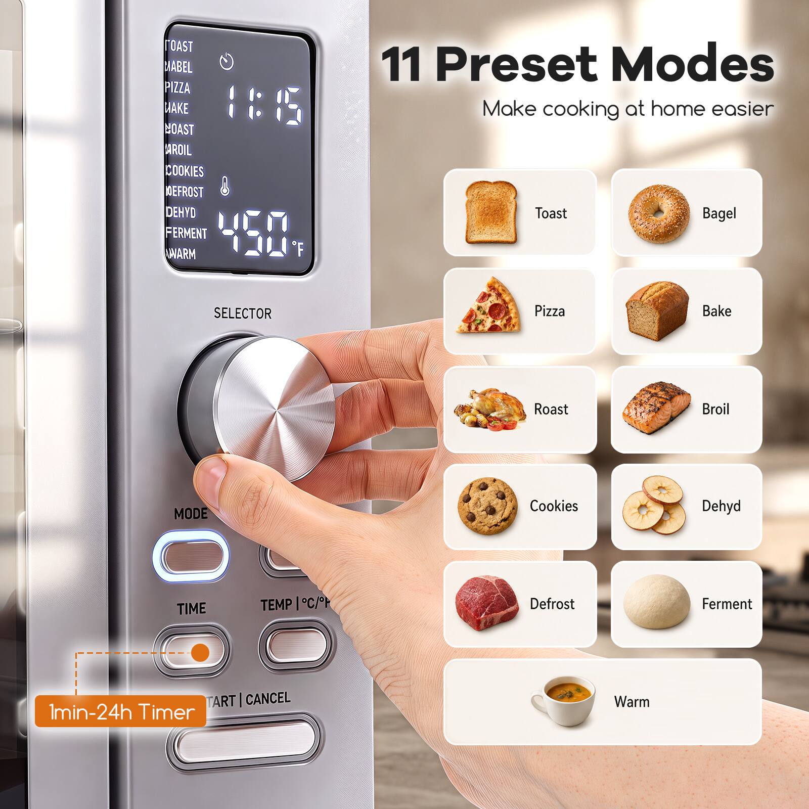 OAST CIABEL PIZZA HAKE 1:6 OAST AROIL COOKIES DEFROST DEHYD FERMENT 450 WARM F

11 Preset Modes Make cooking at home easier Toast Bagel
SELECTOR
Pizza
Bake
Roast
Broil
MODE
Cookies
Dehyd
TIME
TEMP C/
Defrost
Ferment
TART CANCEL 1min-24h Timer
Warm