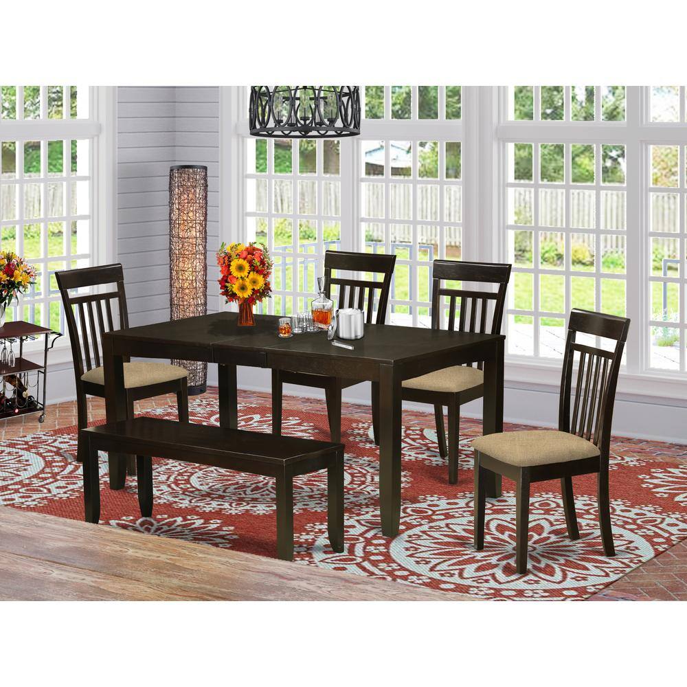 Angle. East West Furniture - LYCA6-CAP-C 6 Pc Kitchen Table with bench-Kitchen Tables with Leaf and 4 Kitchen Dining Chairs plus Bench - Cappuccino.