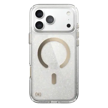 Front. Speck - Presidio Lux Case with MagSafe for Apple iPhone 18 Pro Max / iPhone 17 Pro Max - Clear/Gold Glitter.