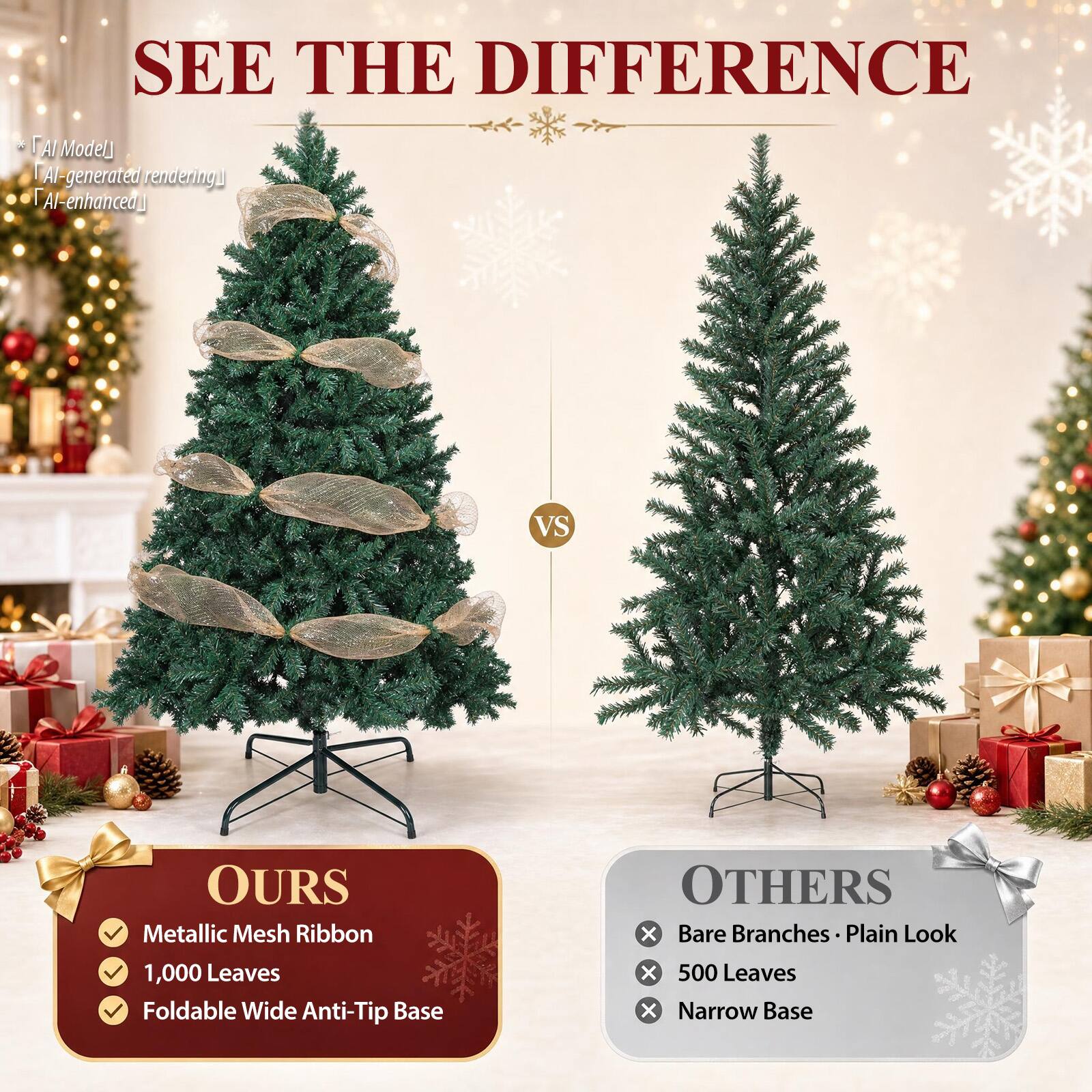 SEE THE DIFFERENCE

* [AI Model]
* [AI-generated rendering]
* [AI-enhanced]

OURS
- Metallic Mesh Ribbon
- 1,000 Leaves
- Foldable Wide Anti-Tip Base

VS

OTHERS
- Bare Branches - Plain Look
- 500 Leaves
- Narrow Base