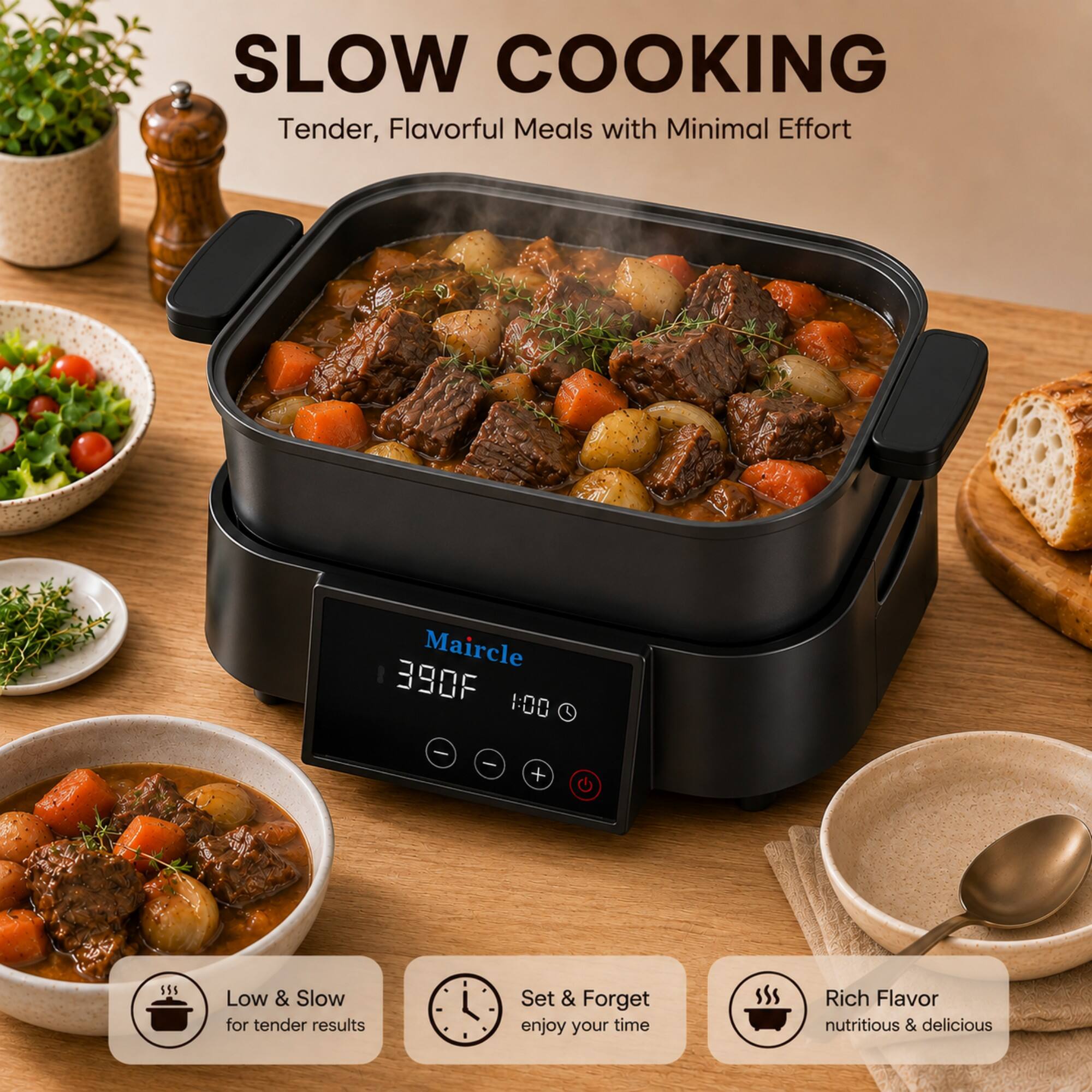 SLOW COOKING  
Tender, Flavorful Meals with Minimal Effort

Maircle  
390F 1:00

Low & Slow for tender results  
Set & Forget enjoy your time  
Rich Flavor nutritious & delicious