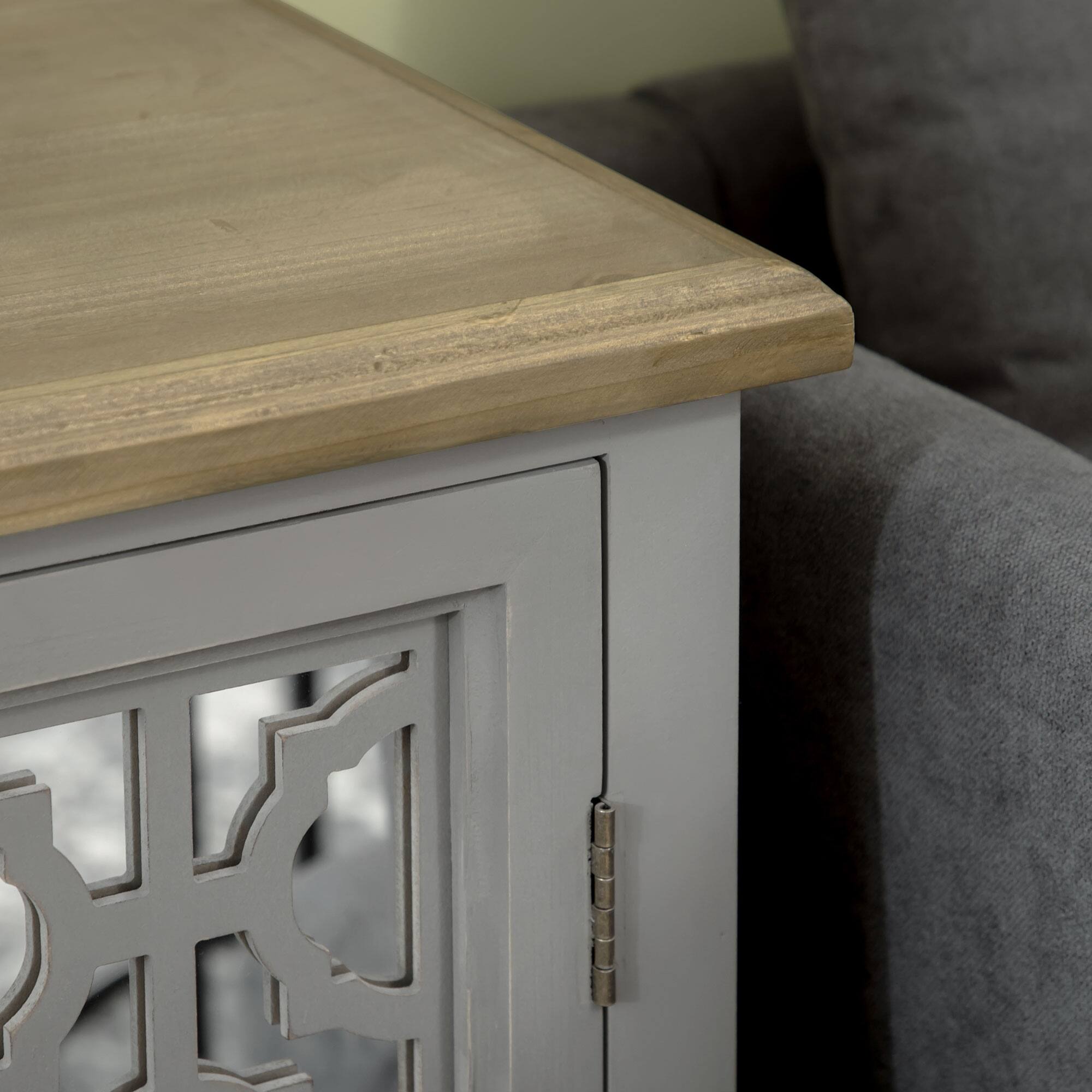 Alt View 4. Homcom - Farmhouse Sideboard with Double Glass Doors, Solid Wood Countertop - Grey.