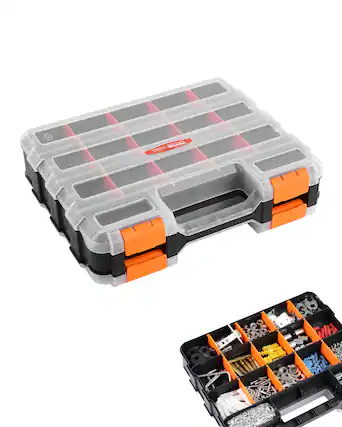 Front. VEVOR - Small Parts Organizer, 34-Compartment Double Side Tools Organizer Box with 24 Removable Dividers - Transparent.