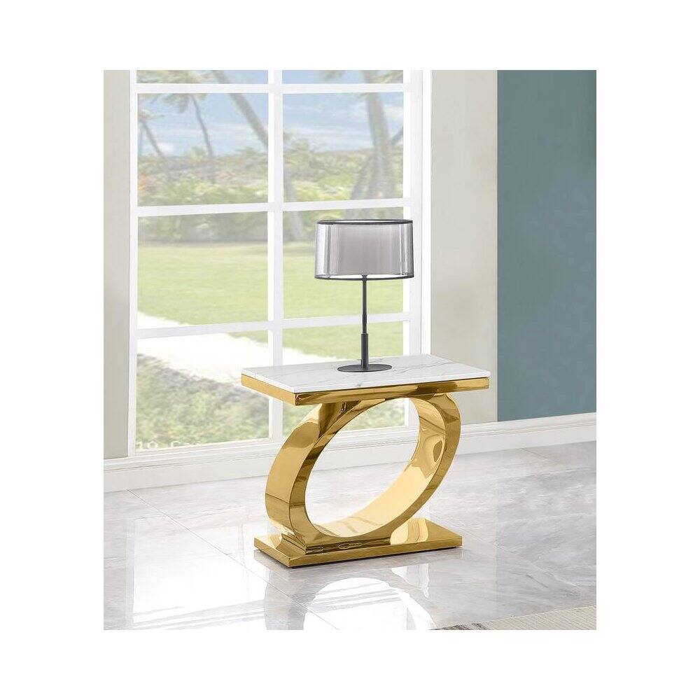 Angle. Best Quality Furniture - White marble top end table with gold color base - White.