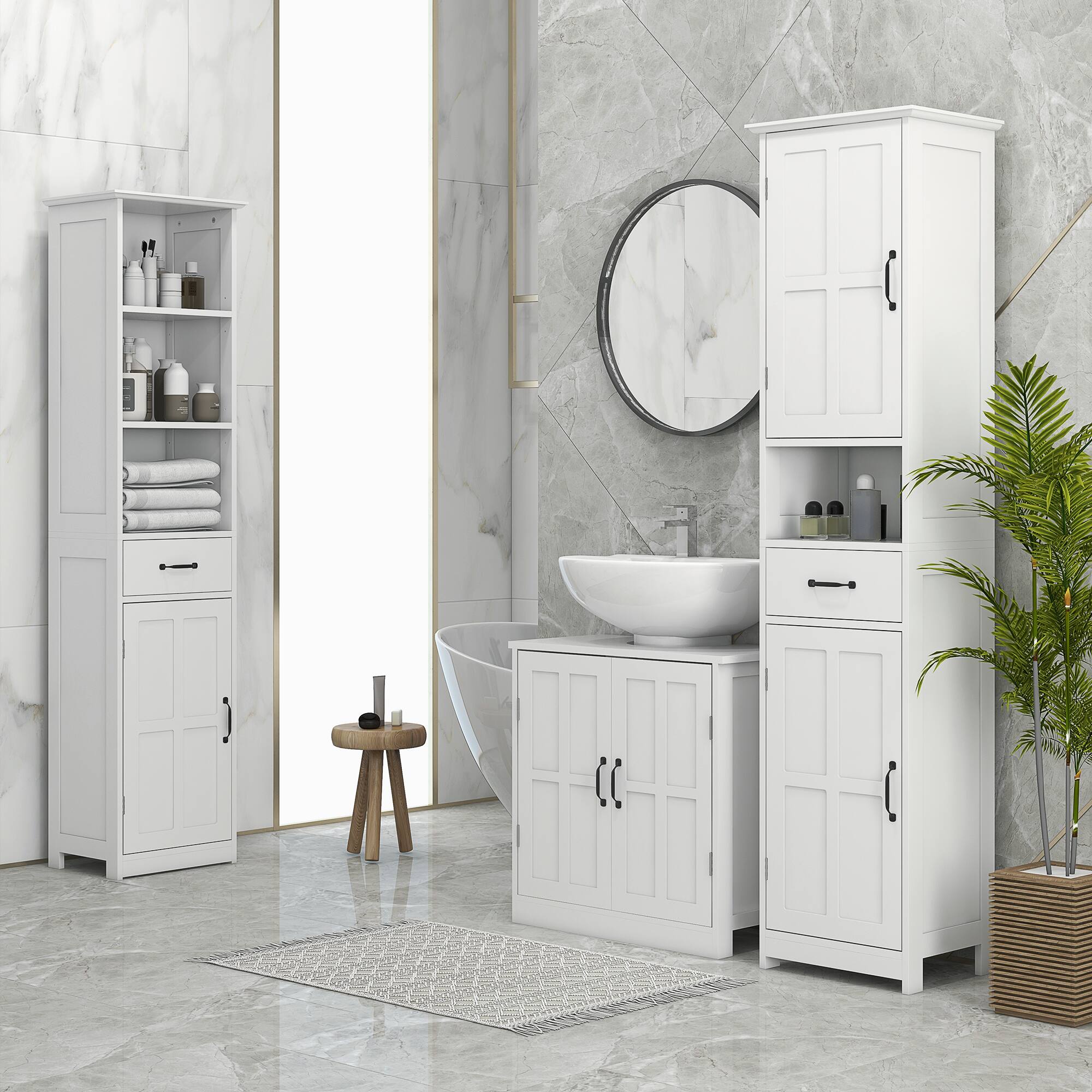Alt View 1. Kleankin - Slim Bathroom Storage Cabinet, Tall Bathroom Cabinet, Linen Tower with Open Shelf, Drawer, Recessed Doors - White.