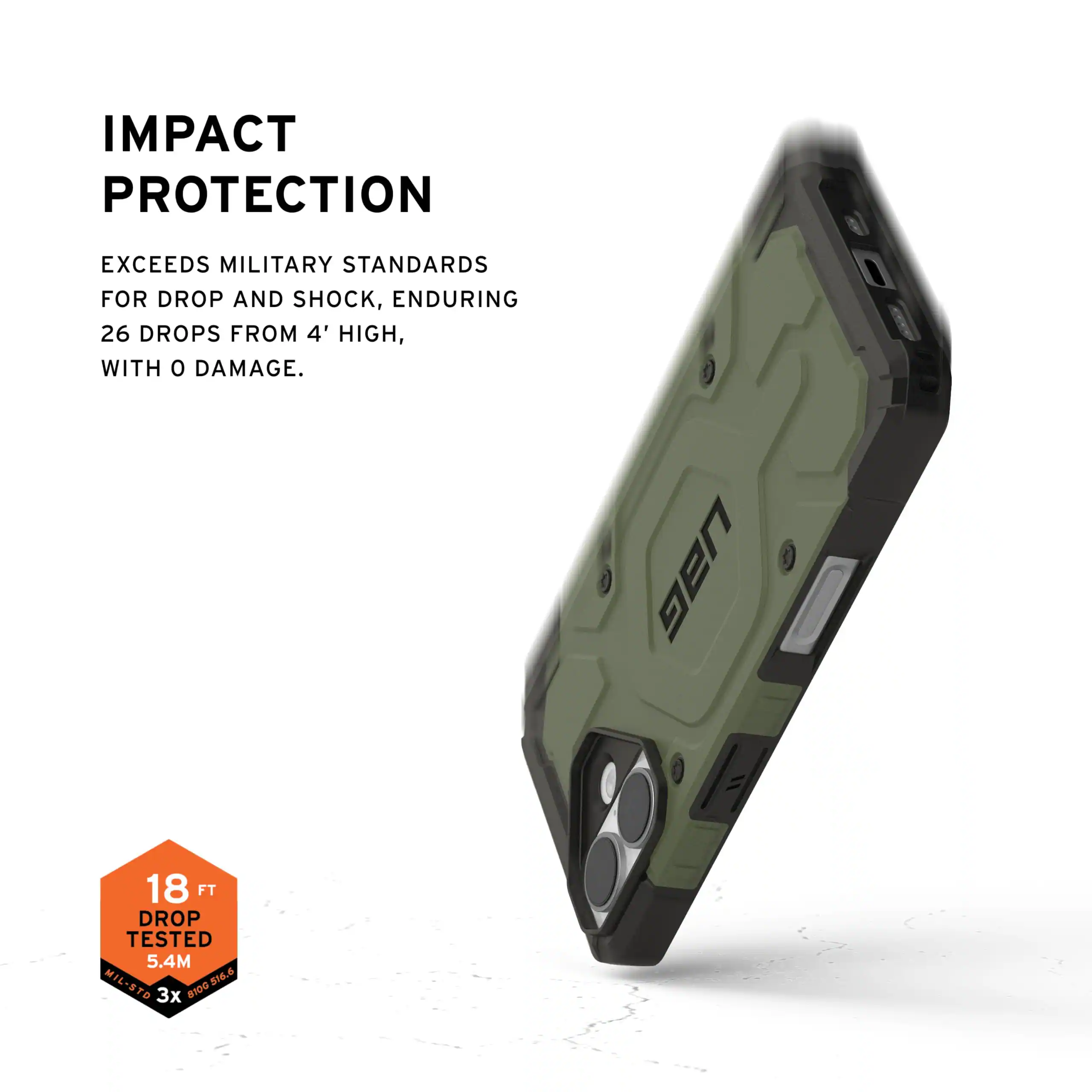 IMPACT PROTECTION

EXCEEDS MILITARY STANDARDS FOR DROP AND SHOCK, ENDURING 26 DROPS FROM 4' HIGH, WITH 0 DAMAGE.

UAG 18 FT DROP TESTED 5.4M MIL-STD 8100 516.6 S1.6 3x 81D