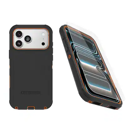Front. OtterBox - OtterBox iPhone 17 Pro Max (Only) - Bundle: Defender Series Case & Screen Protector - Rugged - Snaps on MagSafe - Black Chateau (Black & Orange).