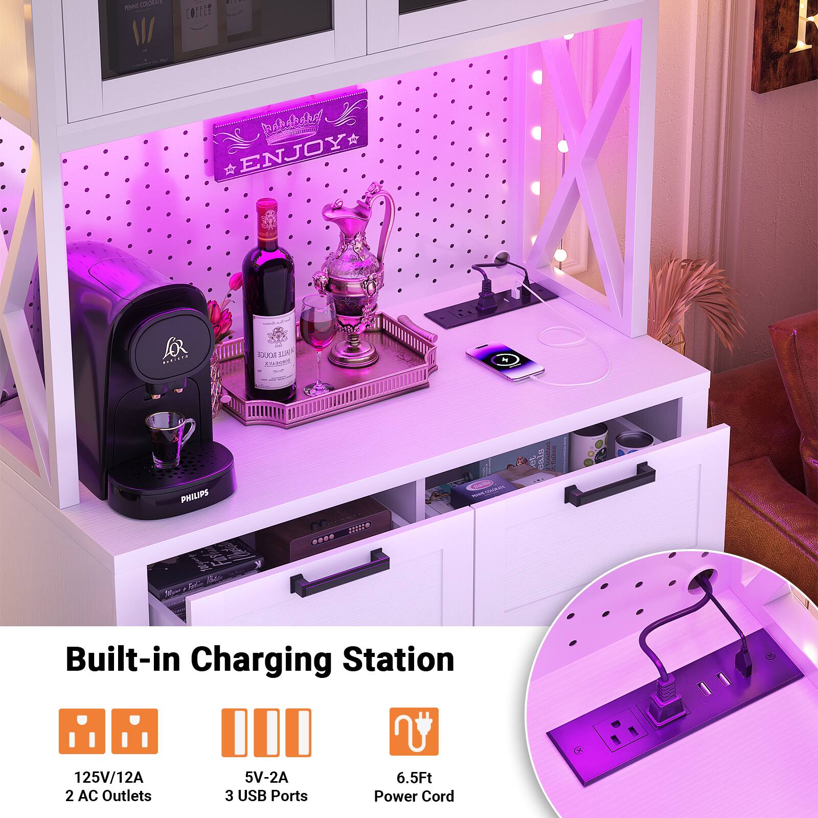 me COLOR | COTPEE I do ENJOY BaalaE - koual KUS AAEN PHILIPS - - SER 1o n  AlAna  .... Built-in Charging Station f 125V/12A 2 AC Outlets 5V-2A 3 USB Ports 6.5Ft Power Cord