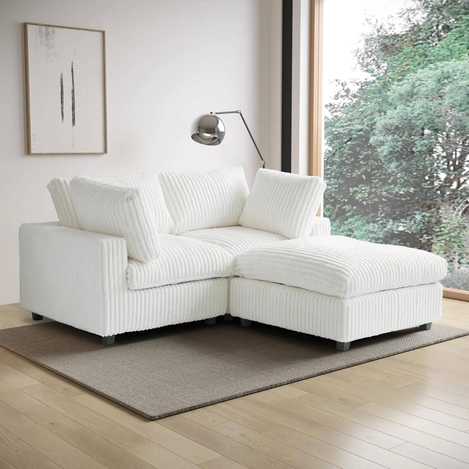 Angle. Yardgrace - Deluxe Cloud 3-Seater Beige Washable Chaise Sectional, Plush Fabric, Modular Design - White.