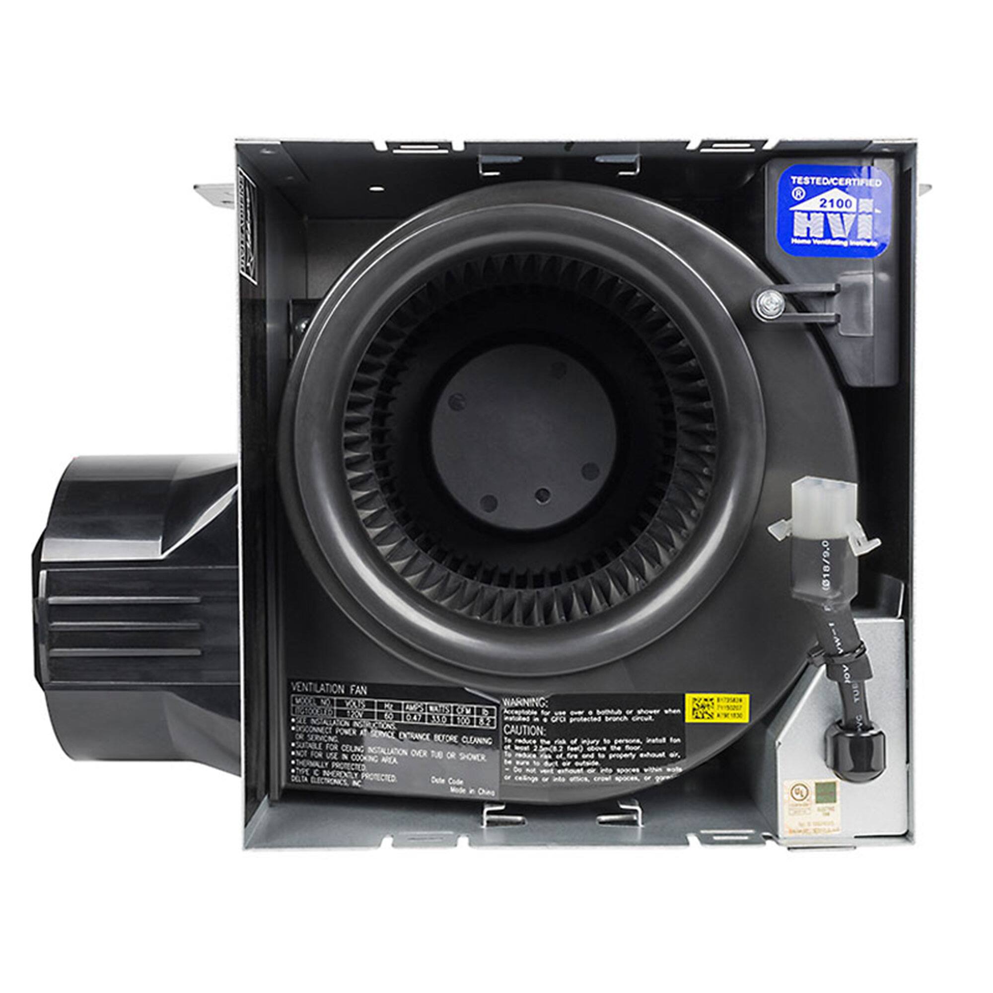 TESTED/CERTIFIED  
2100 CFM  
HVI  

WARNING:  
CAUTION:  
DO NOT REMOVE BEFORE CLEANING  

VENTILATION FAN  
MODEL: CX C 2  
VOLTAGE: 120V  
WATTAGE: 100W  
AMPERAGE: 0.83A  
FREQUENCY: 60Hz  
CURRENT: 0.83A  
WIND SPEED: 2100 CFM  
WIND PRESSURE: 0.5" W.G.  

INSTALLATION:  
- DO NOT INSTALL OVER COOKING AREA OR WHERE THERE IS A FIRE HAZARD.  
- DO NOT INSTALL WHERE THERE IS A RISK OF WATER ENTRY.  
- DO NOT INSTALL WHERE THERE IS A RISK OF DUST OR PARTICLES.  
- DO NOT INSTALL WHERE THERE IS A RISK OF EXPLOSION.  
- DO NOT INSTALL WHERE THERE IS A RISK OF ELECTRIC SHOCK.  

CAUTION:  
- DO NOT REMOVE BEFORE CLEANING.  
- DO NOT BLOCK THE FAN.  
- DO NOT USE IN A HUMIDITY CONTROLLED AREA.  
- DO NOT USE IN A DUST CONTROLLED AREA