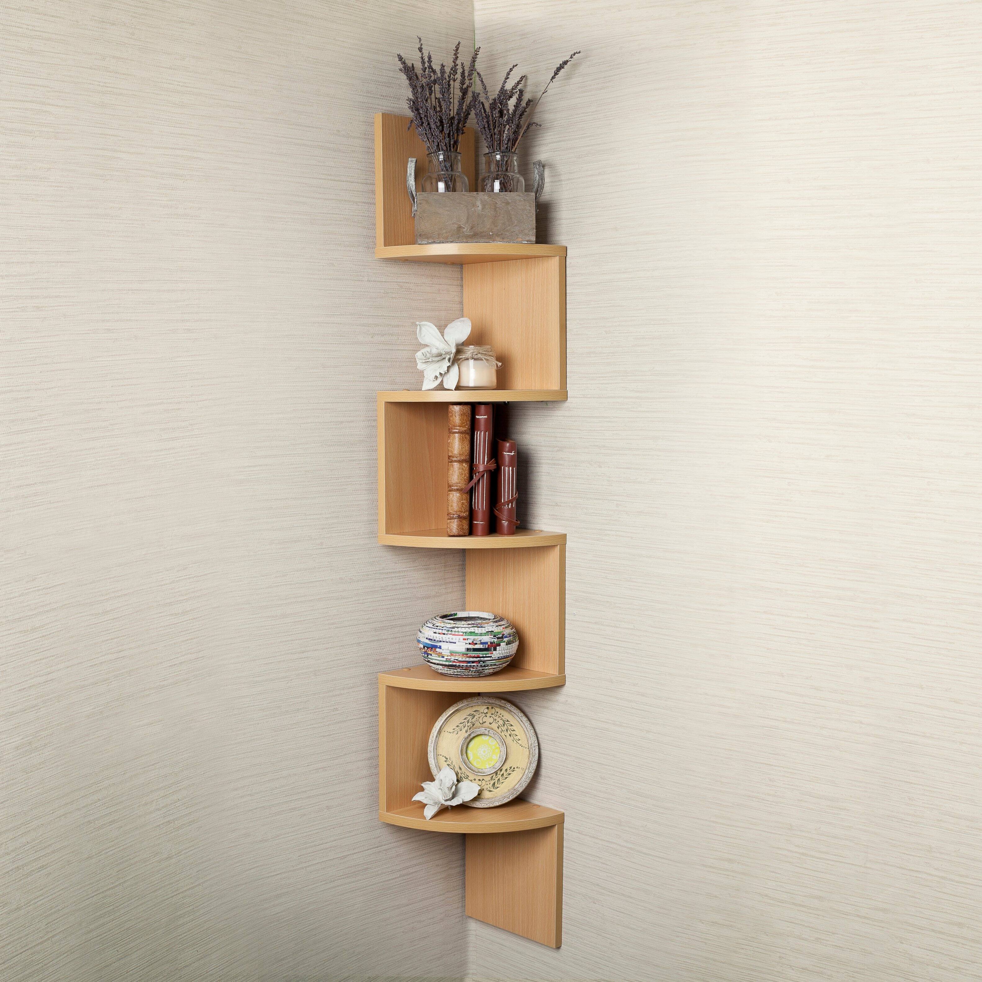 Angle. Danya B - Five Tier Corner Wall Shelf - Beech - Beige.