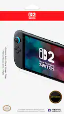 The text on the image reads: "2 NINTENDO SWITCH. Filtre Ultimate d'cran Anti-Glare anti-reflets Screen Filter 002 SWITCH ULTIMATE Official Nintendo Licensed Product TM Compatible with Nintendo Switch 2 system Compatible avec la Nintendo Switch 2 systme HORI."