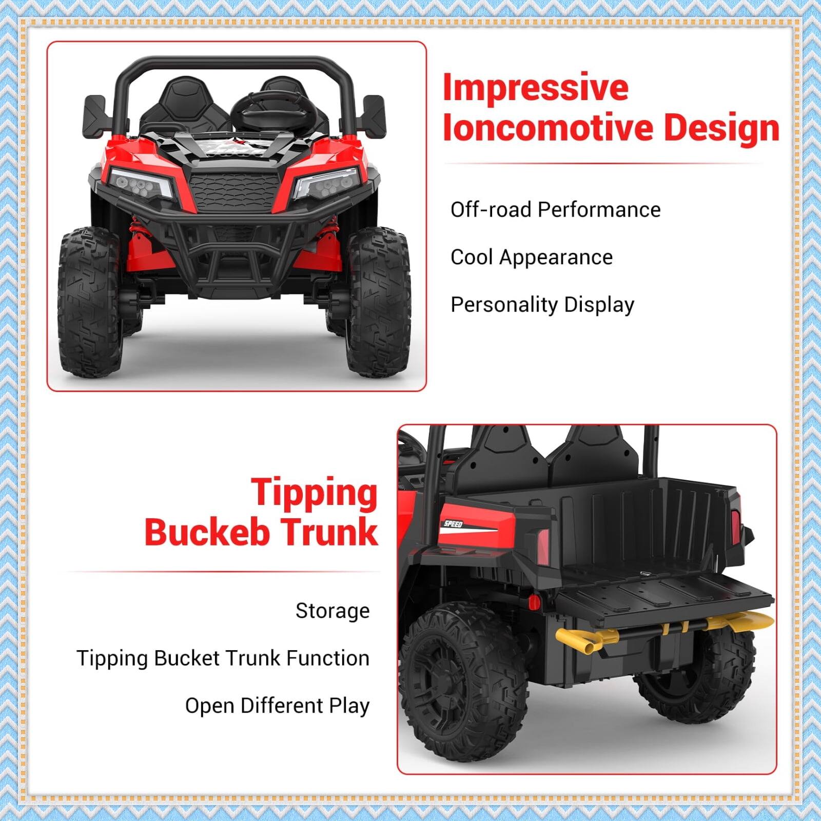 Impressive Ioncomotive Design  
Off-road Performance  
Cool Appearance  
Personality Display  

Tipping Buckeb Trunk  
Storage  
Tipping Bucket Trunk Function  
Open Different Play