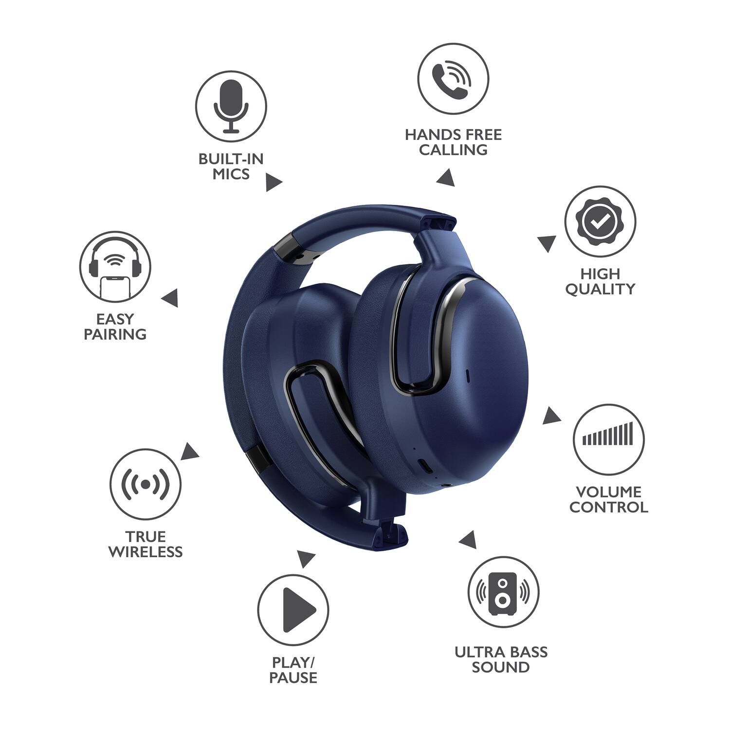 BUILT-IN MICS  
HANDS FREE CALLING  
HIGH QUALITY  
EASY PAIRING  
VOLUME CONTROL  
TRUE WIRELESS  
PLAY/ PAUSE  
ULTRA BASS SOUND
