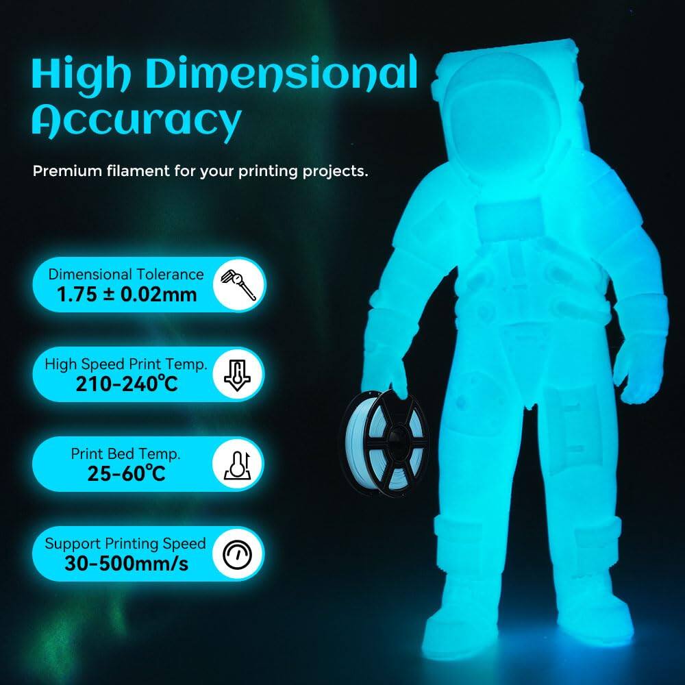 High Dimensional Accuracy  
Premium filament for your printing projects.  

Dimensional Tolerance: 1.75 ± 0.02mm  
High Speed Print Temp.: 210-240°C  
Print Bed Temp.: 25-60°C  
Support Printing Speed: 30-500mm/s