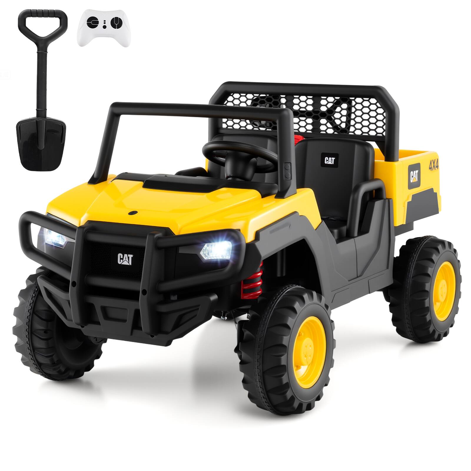 Costway - 24V Ride On Dump Truck with Remote Control, Dump Bed, Shovel, Music, Soft Start - Yellow